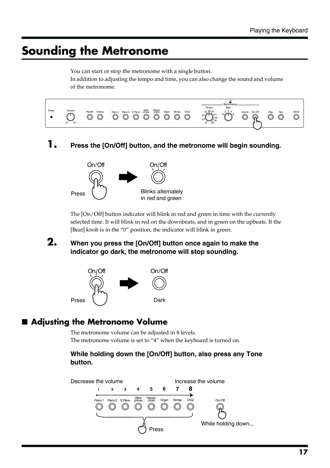 Roland ep-90/70 owner manual Sounding the Metronome, Adjusting the Metronome Volume 