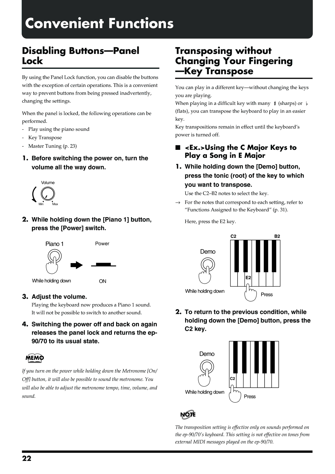 Roland ep-90/70 Convenient Functions, Disabling Buttons-Panel Lock, Ex.Using the C Major Keys to Play a Song in E Major 