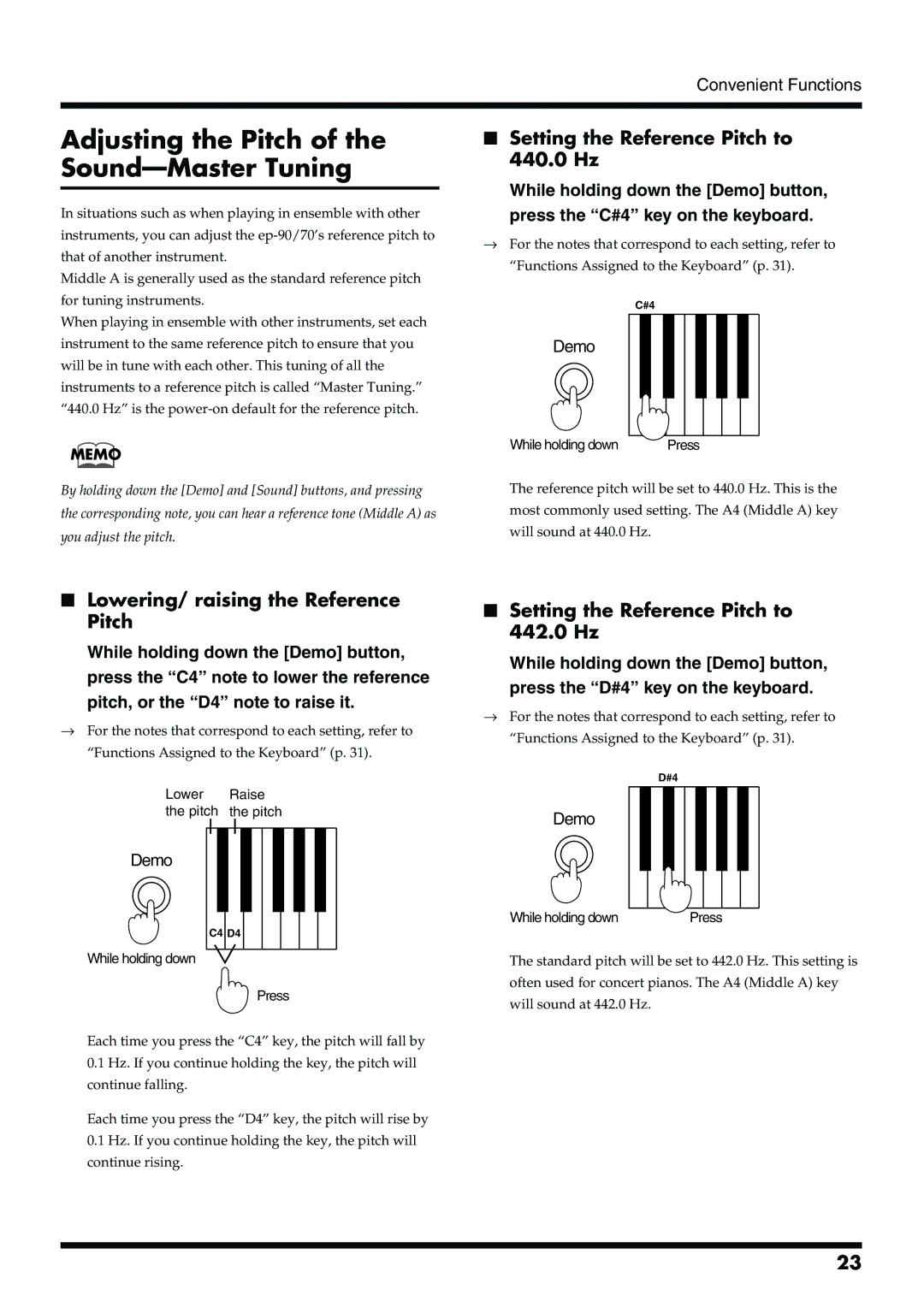 Roland ep-90/70 owner manual Adjusting the Pitch of the Sound-Master Tuning, Setting the Reference Pitch to 440.0 Hz 