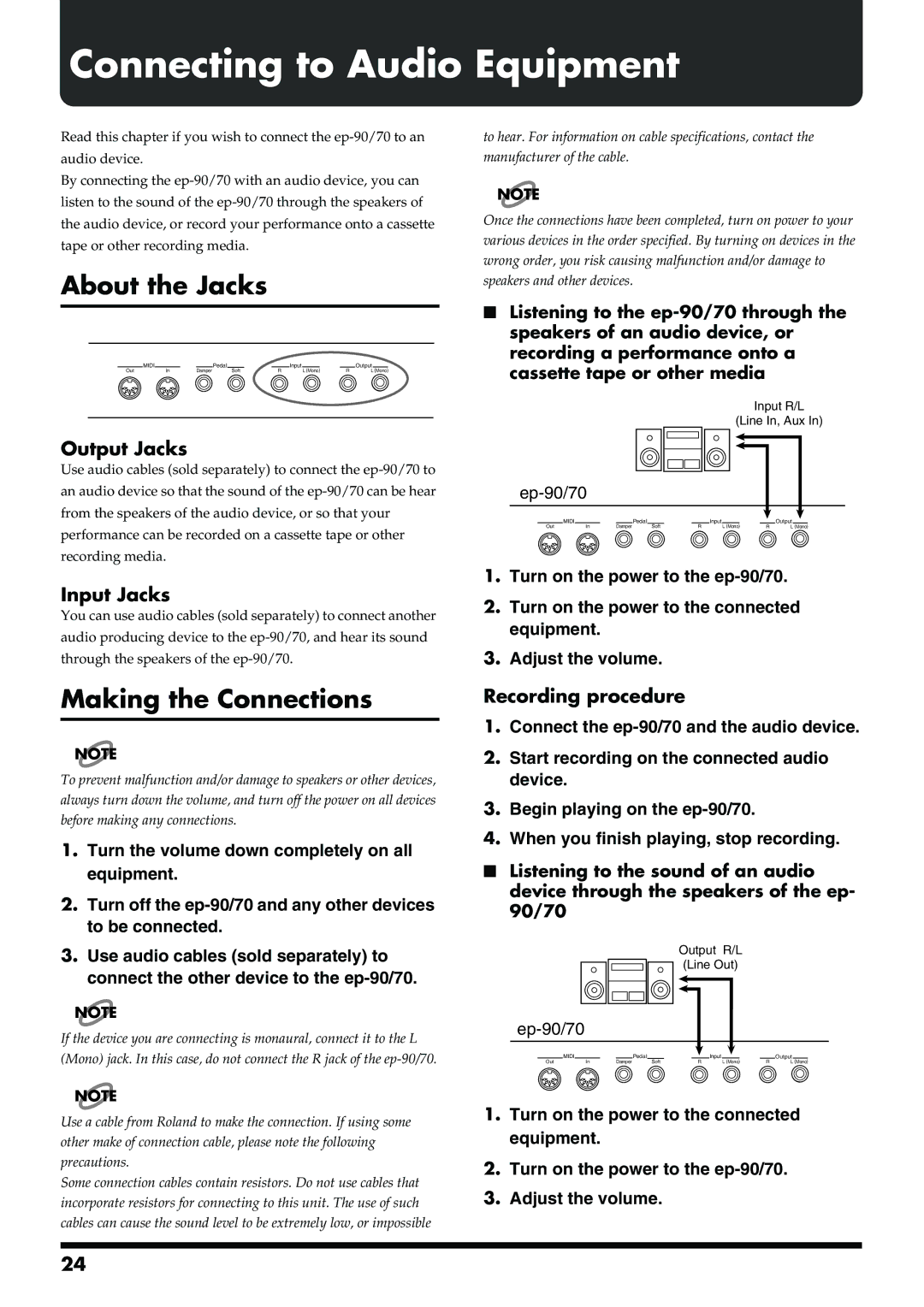 Roland ep-90/70 owner manual Connecting to Audio Equipment, About the Jacks, Making the Connections 