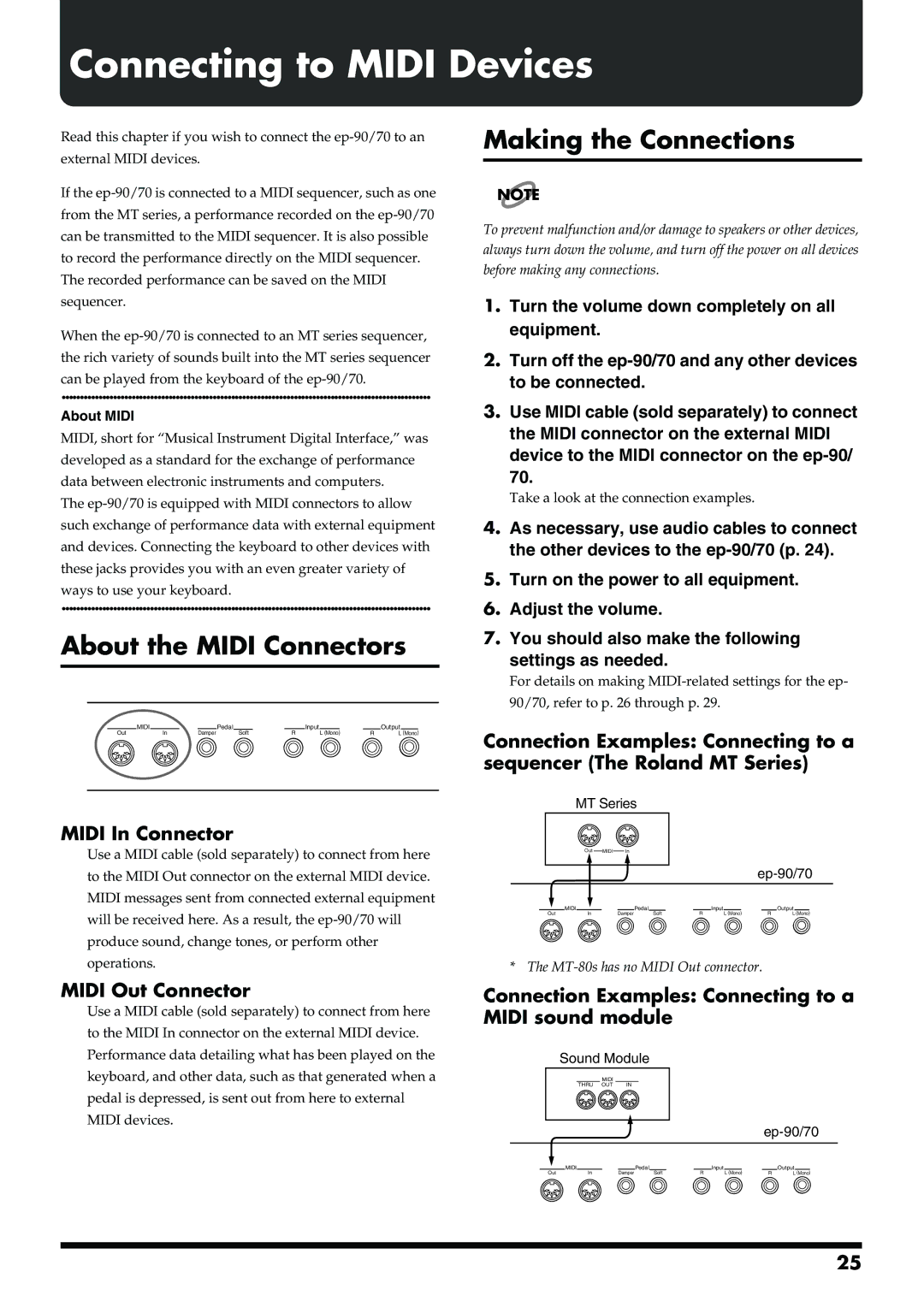 Roland ep-90/70 owner manual Connecting to Midi Devices, About the Midi Connectors, Midi In Connector, Midi Out Connector 