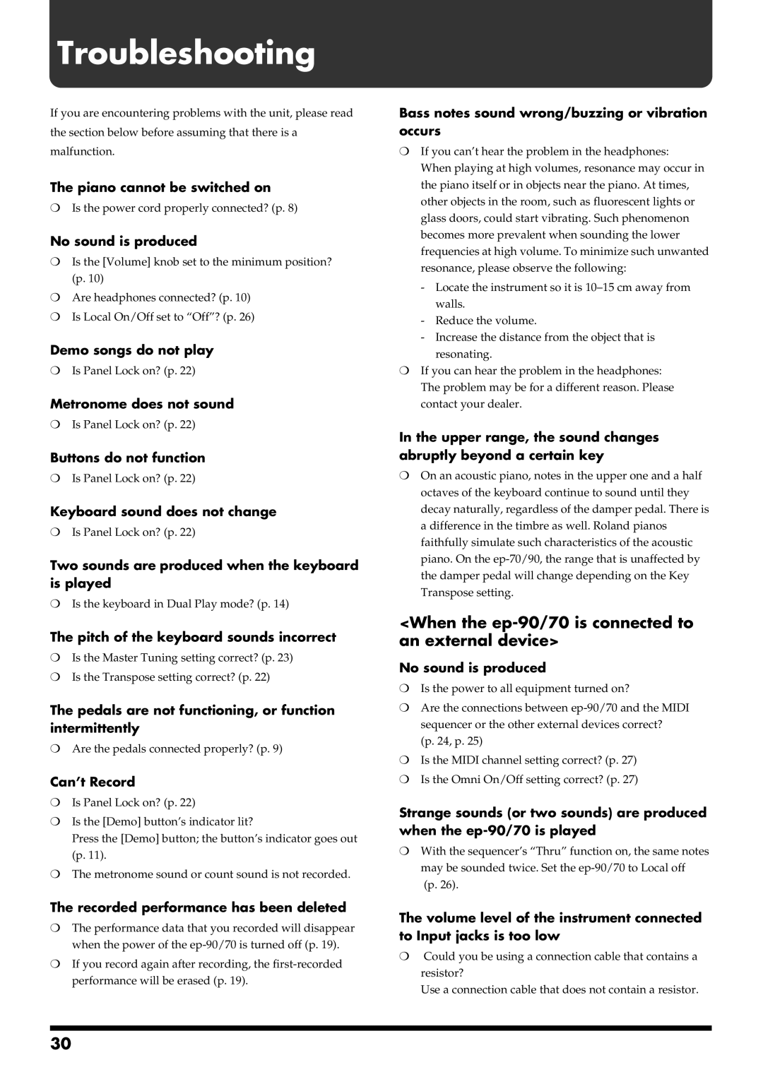 Roland owner manual Troubleshooting, When the ep-90/70 is connected to an external device 