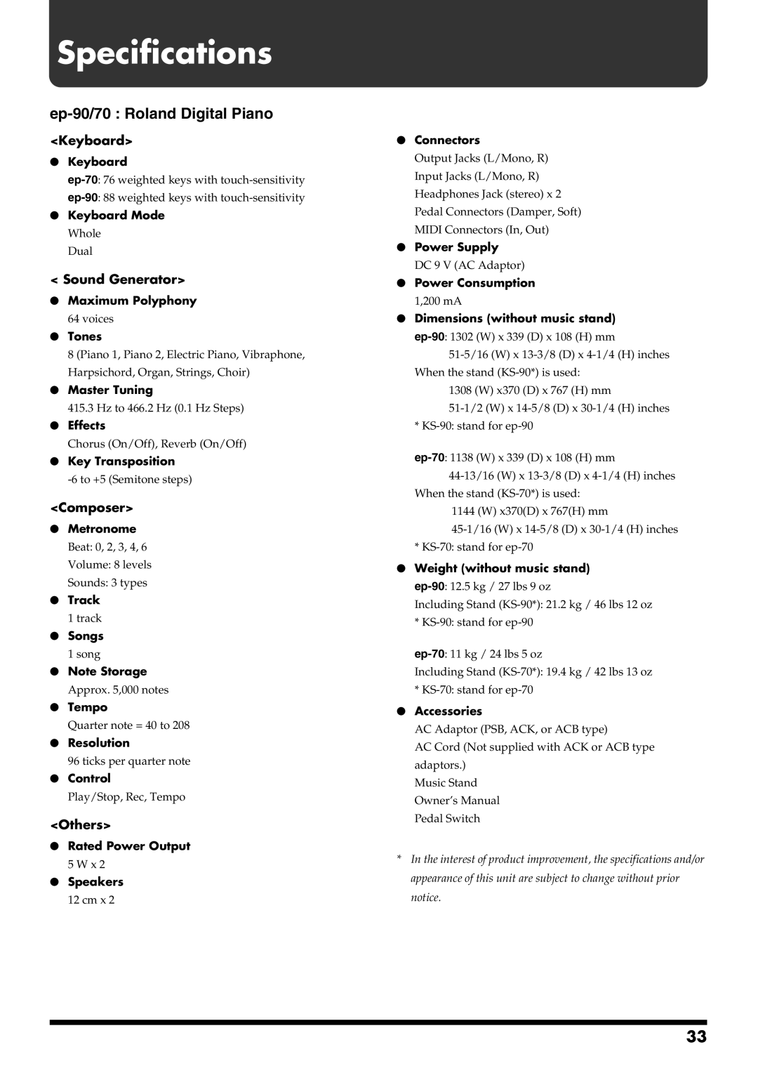 Roland ep-90/70 owner manual Specifications, Ep-90/70 Roland Digital Piano 