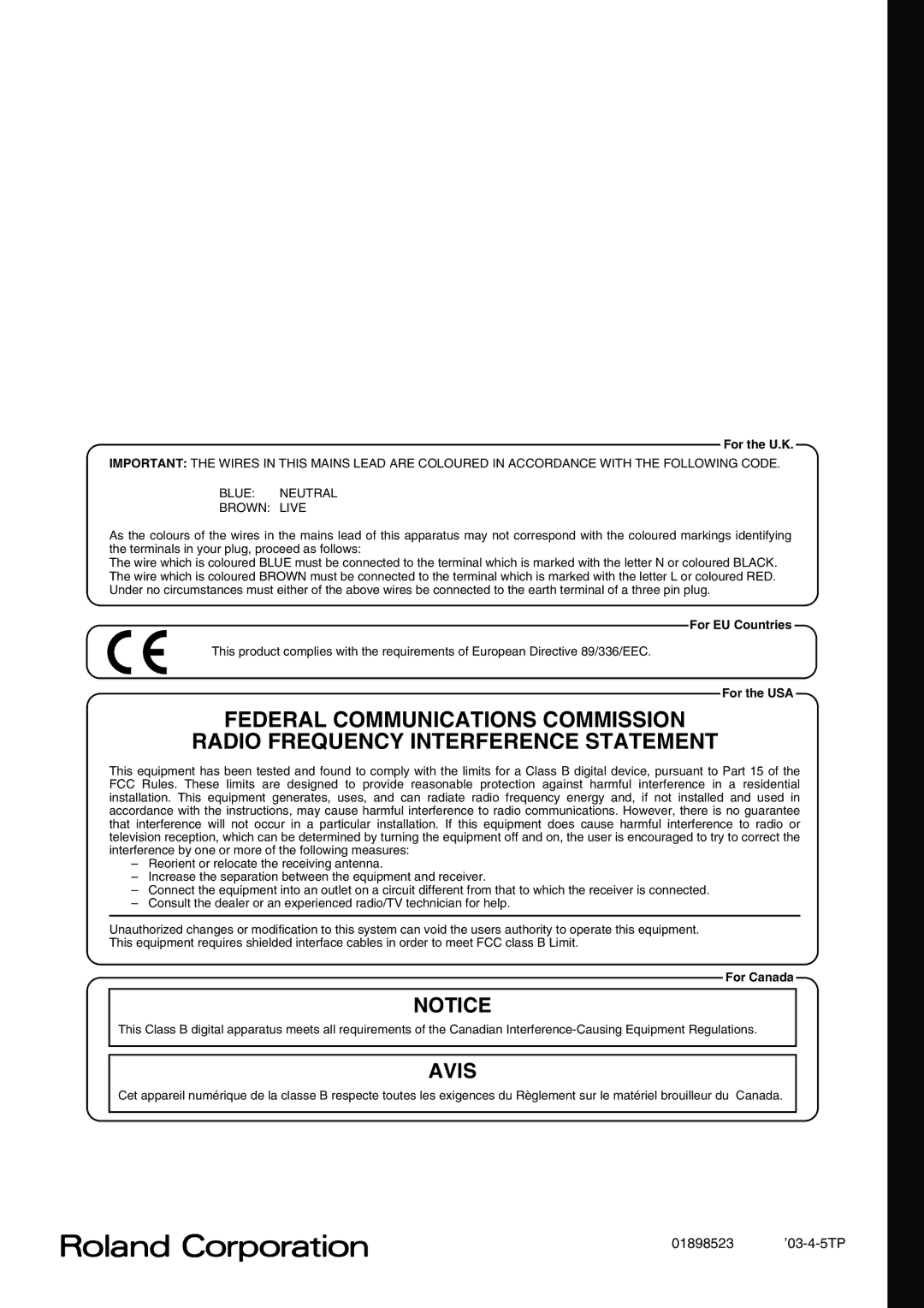 Roland ep-90/70 owner manual Avis 