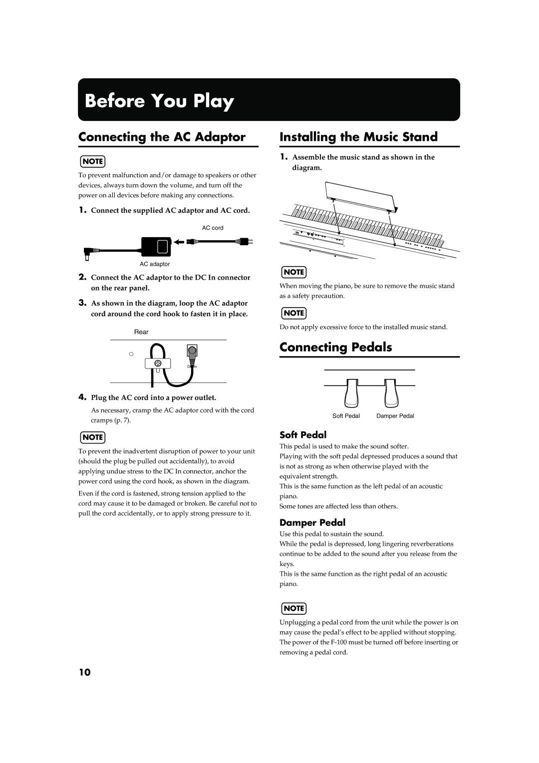 Roland F-100 owner manual Before You Play, Connecting the AC Adaptor, Installing the Music Stand, Connecting Pedals 