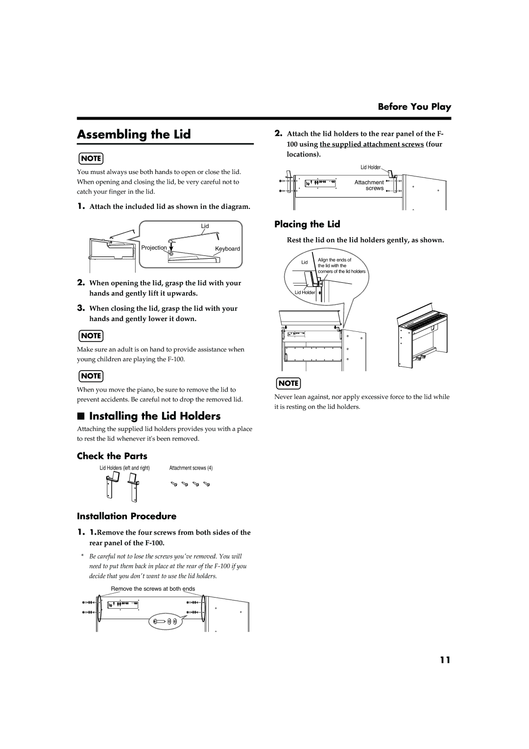 Roland F-100 owner manual Assembling the Lid, Installing the Lid Holders 