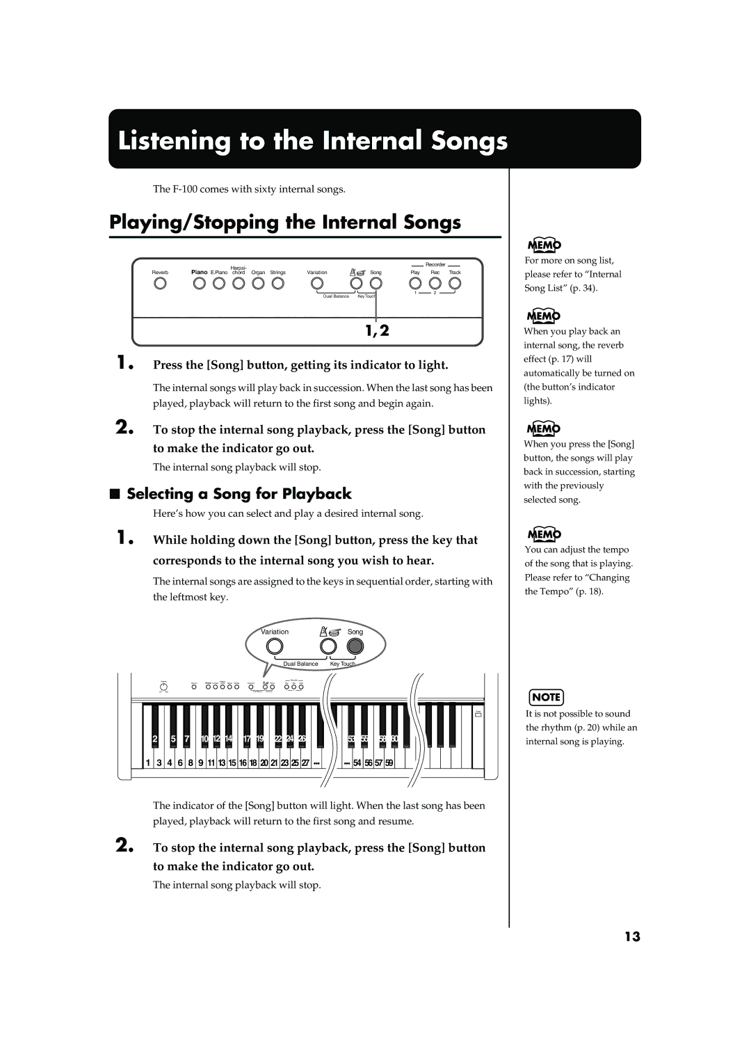 Roland F-100 Listening to the Internal Songs, Playing/Stopping the Internal Songs, Selecting a Song for Playback 