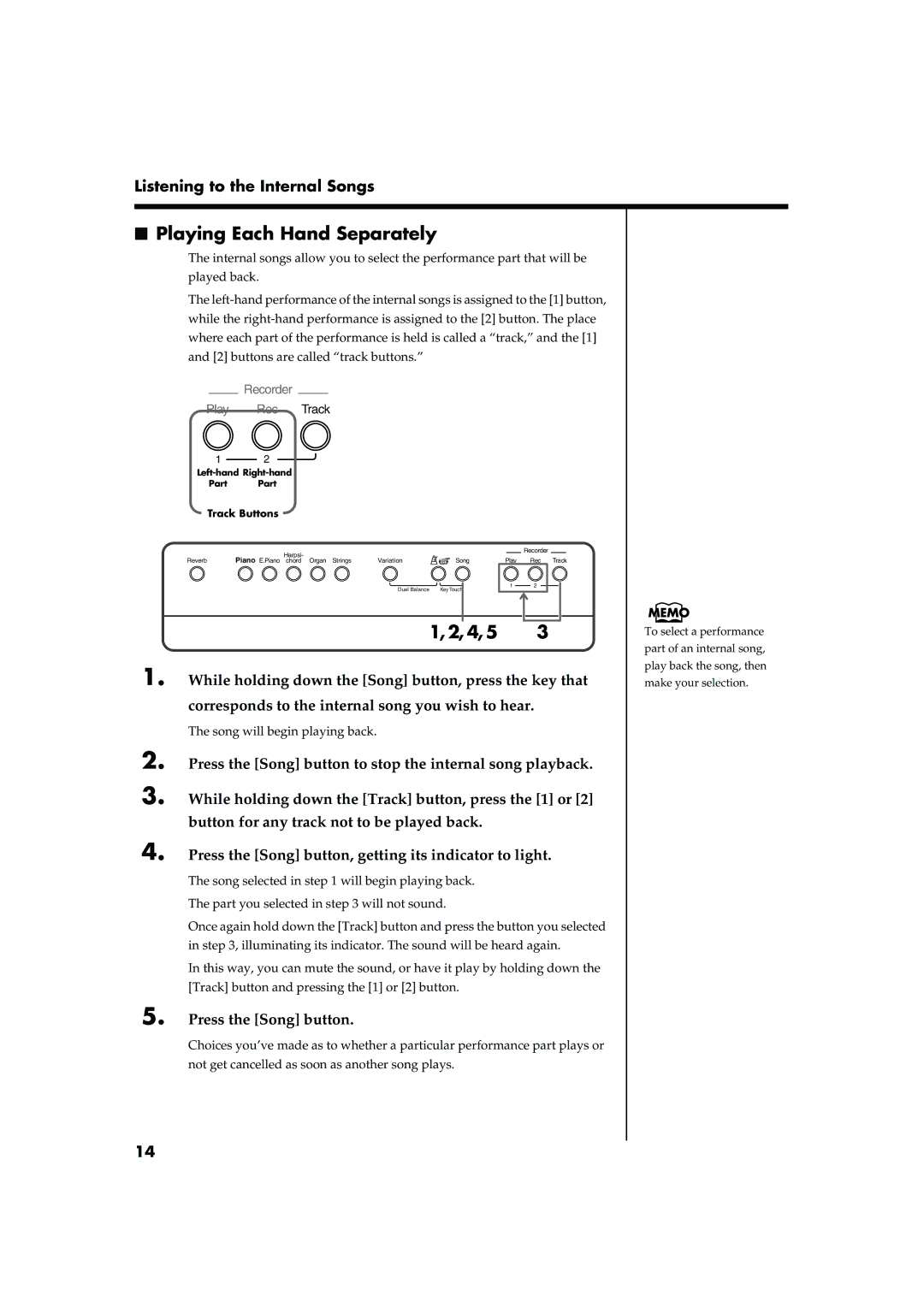 Roland F-100 owner manual Playing Each Hand Separately, Listening to the Internal Songs 