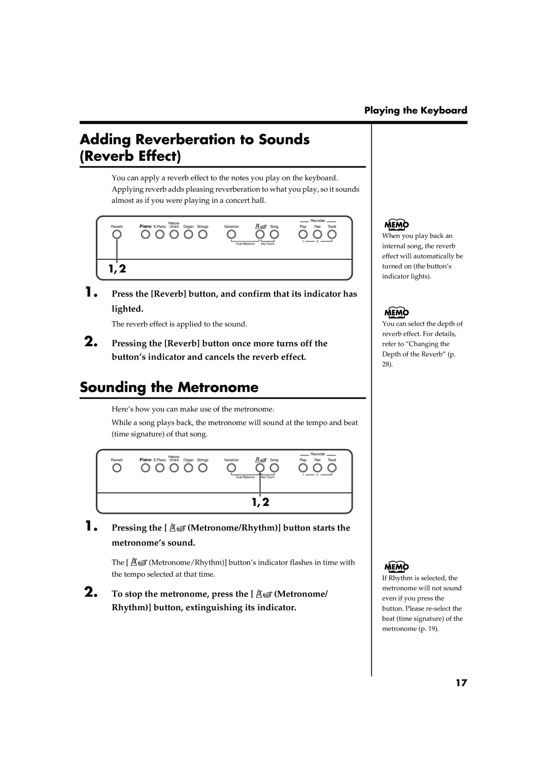 Roland F-100 owner manual Adding Reverberation to Sounds Reverb Effect, Sounding the Metronome 