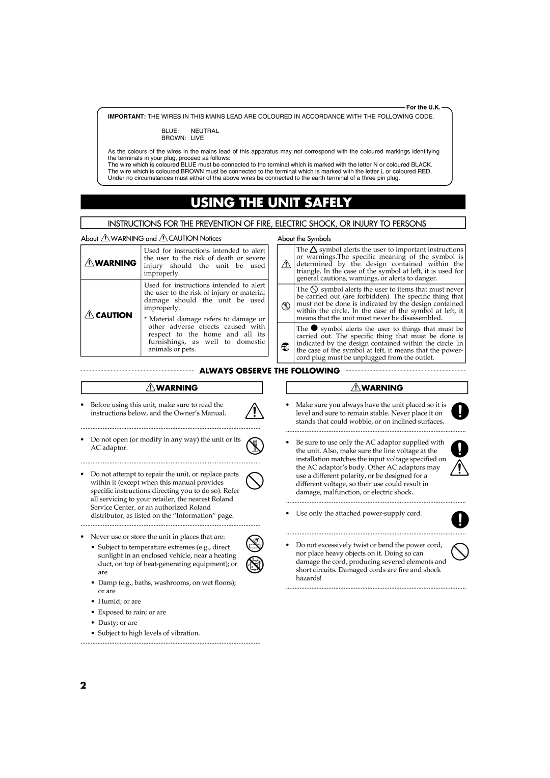 Roland F-100 owner manual Do not open or modify in any way the unit or its AC adaptor 