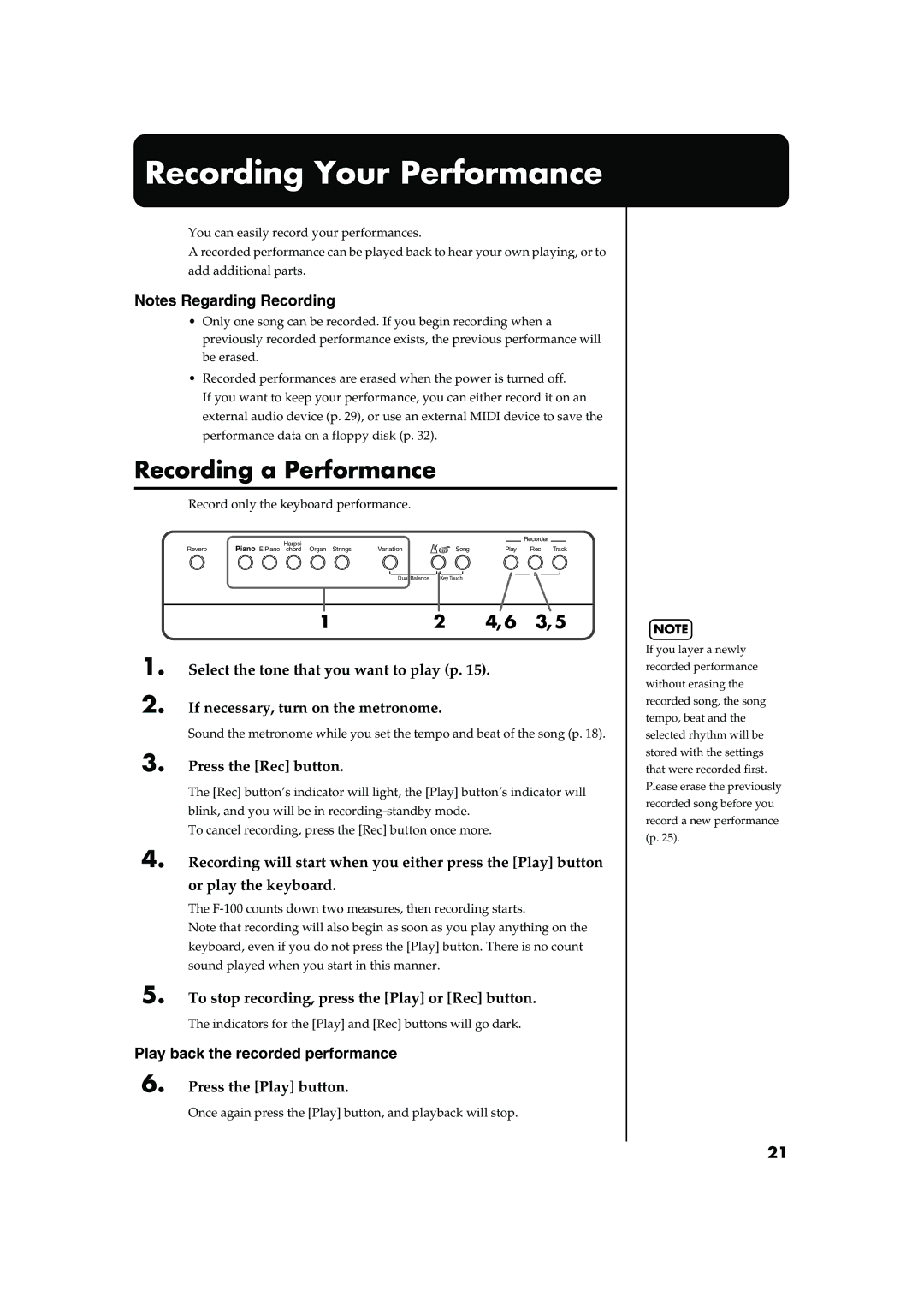 Roland F-100 owner manual Recording Your Performance, Recording a Performance 