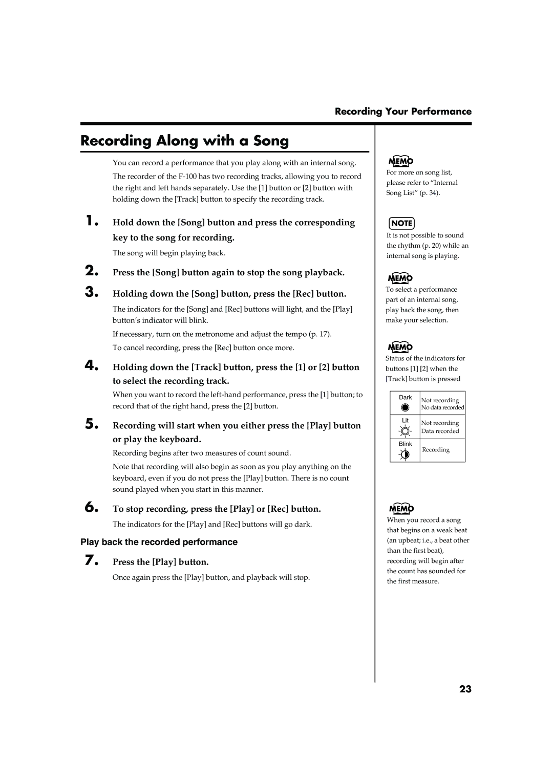 Roland F-100 owner manual Recording Along with a Song 