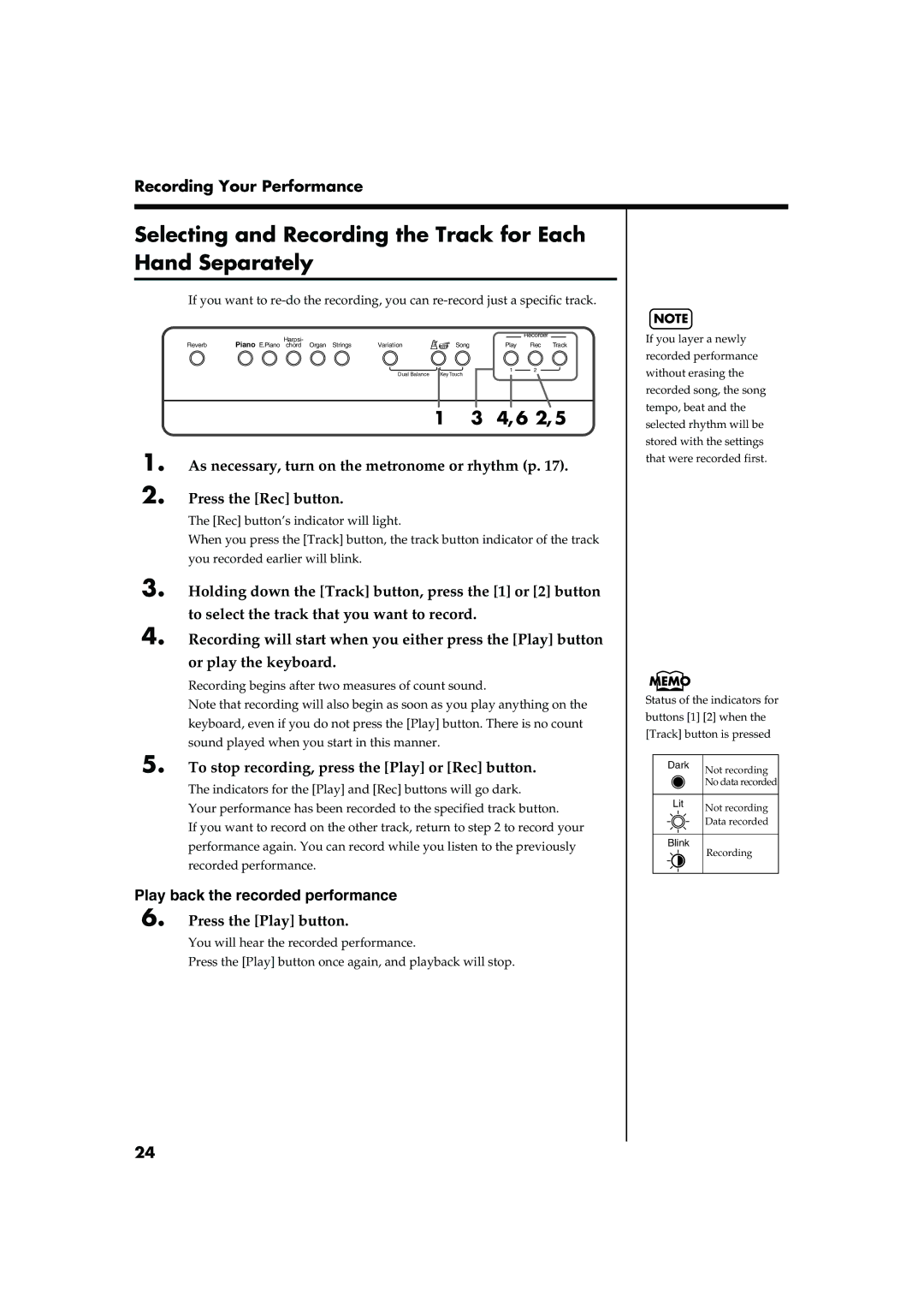 Roland F-100 owner manual Selecting and Recording the Track for Each Hand Separately, 4, 6 2 