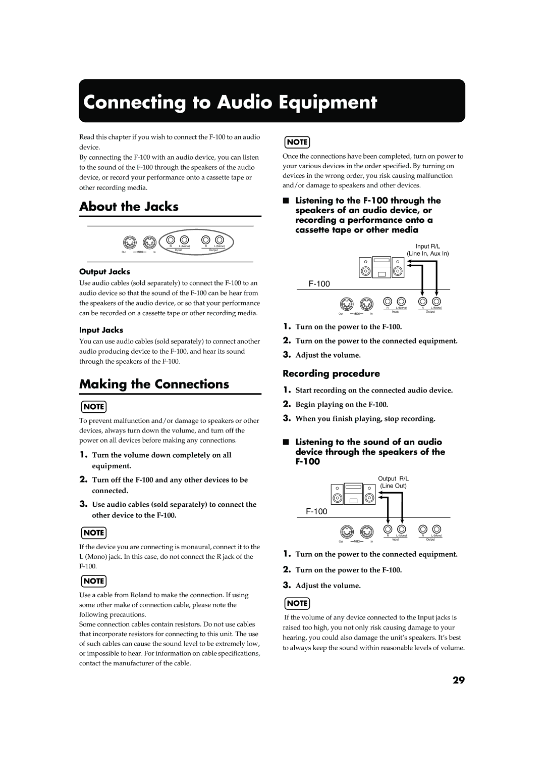 Roland F-100 owner manual Connecting to Audio Equipment, About the Jacks, Making the Connections, Recording procedure 