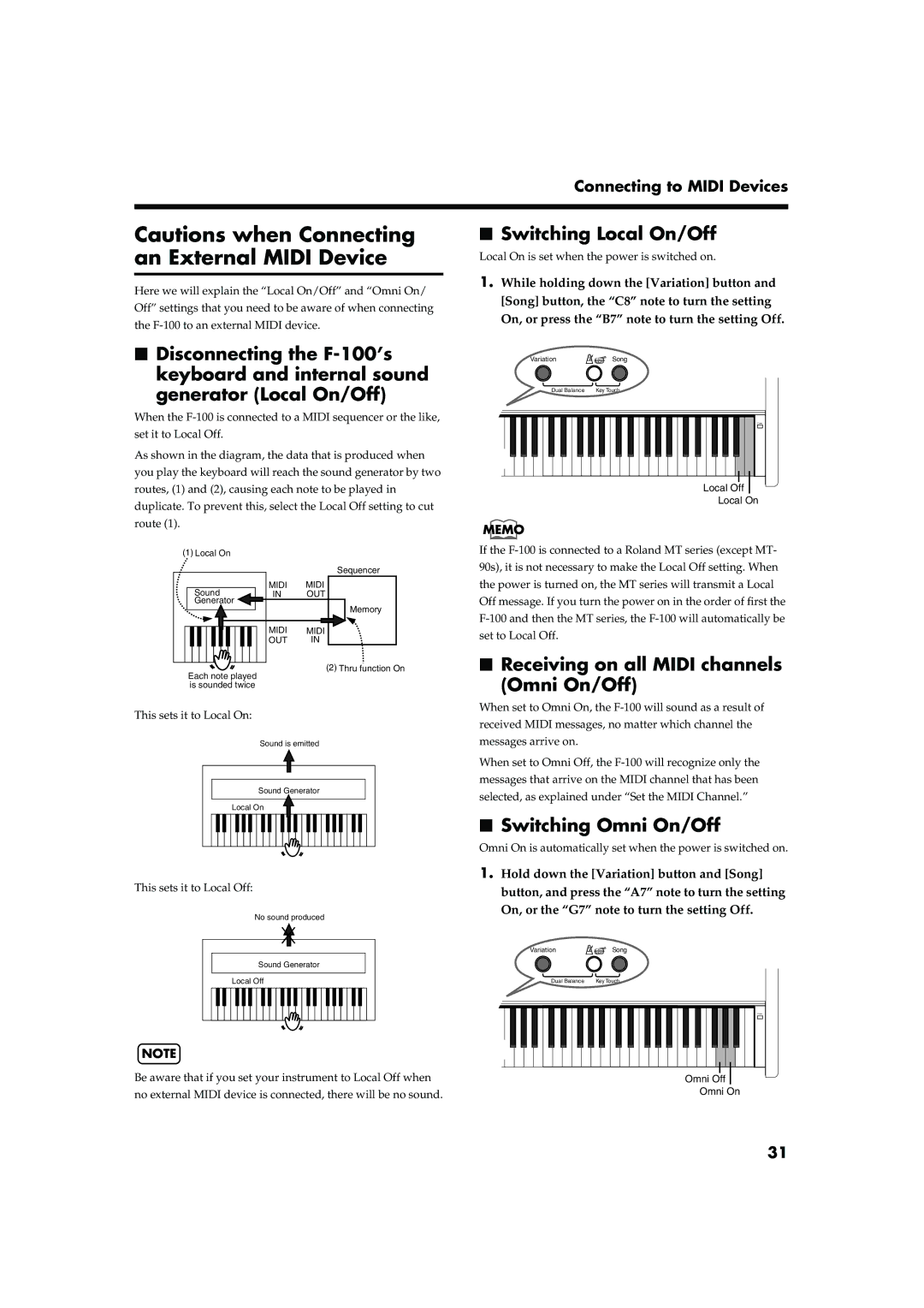 Roland F-100 owner manual Switching Local On/Off, Receiving on all Midi channels Omni On/Off, Switching Omni On/Off 