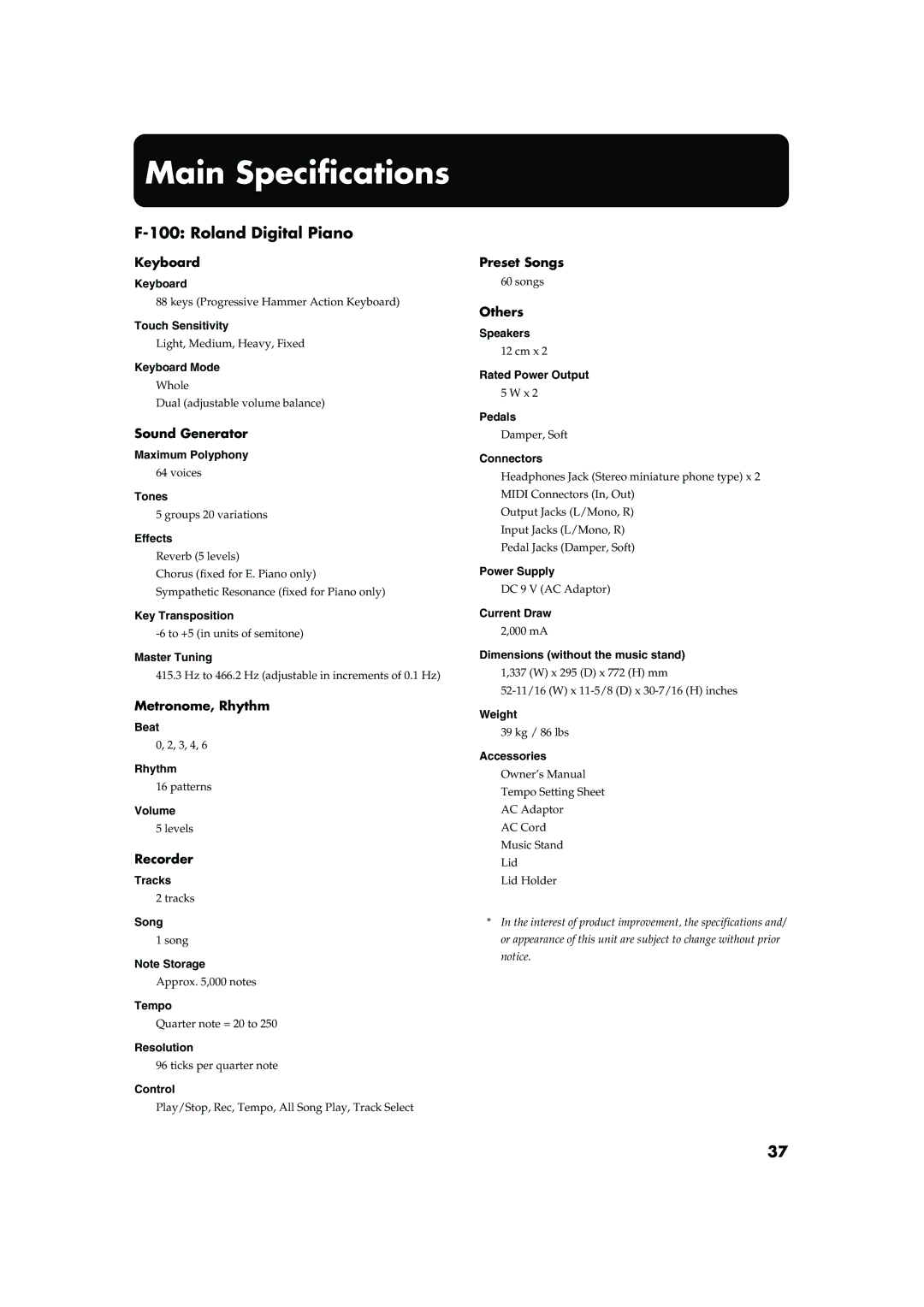 Roland F-100 owner manual Main Specifications, Roland Digital Piano 