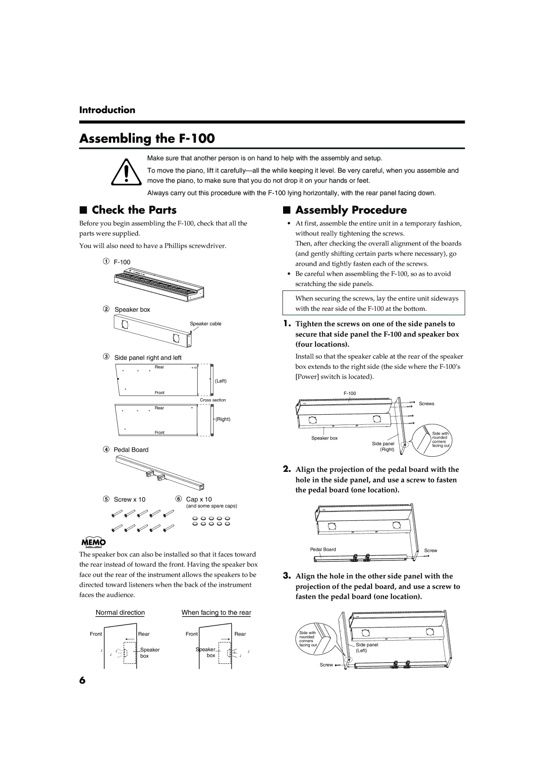 Roland owner manual Assembling the F-100, Check the Parts, Assembly Procedure, Introduction 