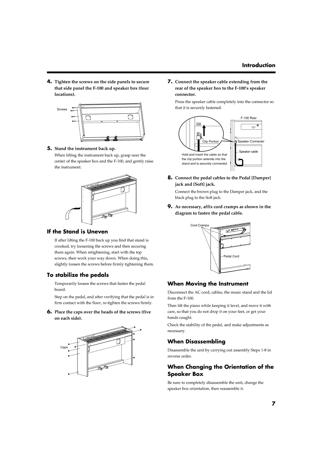 Roland F-100 owner manual If the Stand is Uneven, To stabilize the pedals, When Moving the Instrument, When Disassembling 