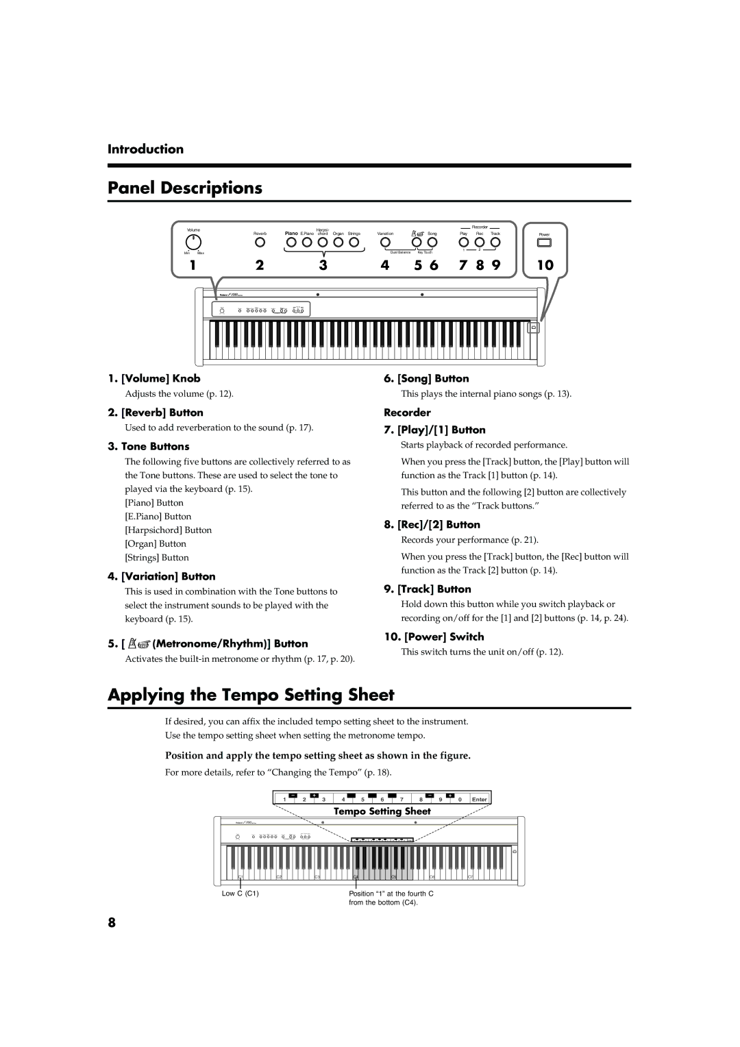 Roland F-100 owner manual Panel Descriptions, Applying the Tempo Setting Sheet 