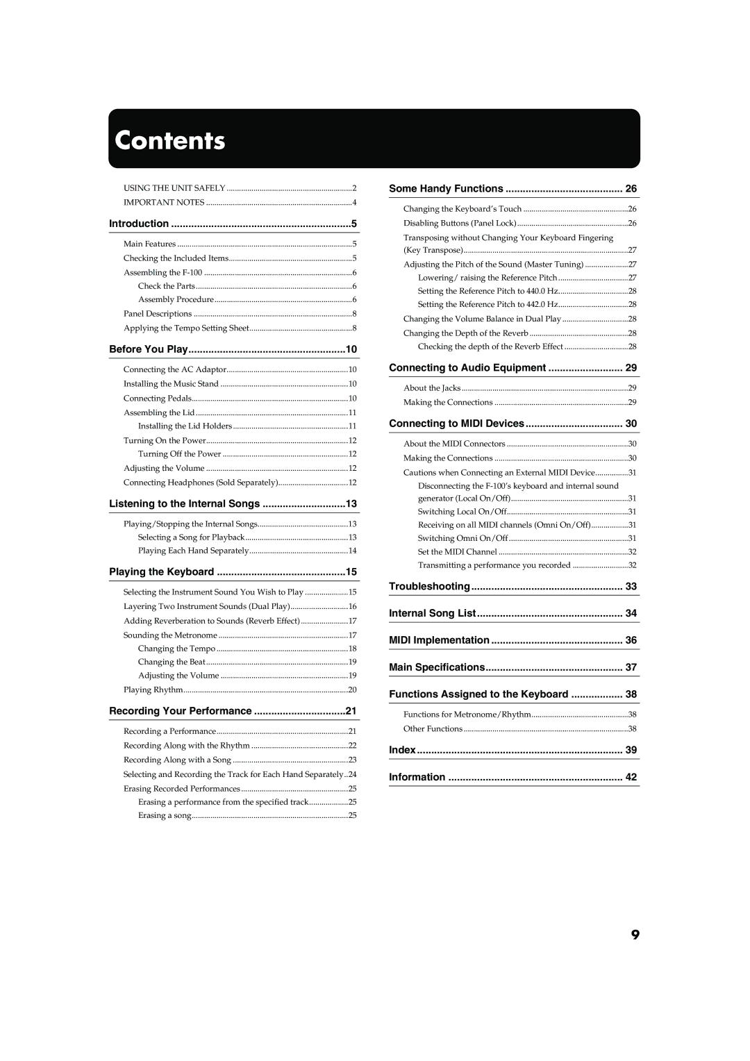 Roland F-100 owner manual Contents 