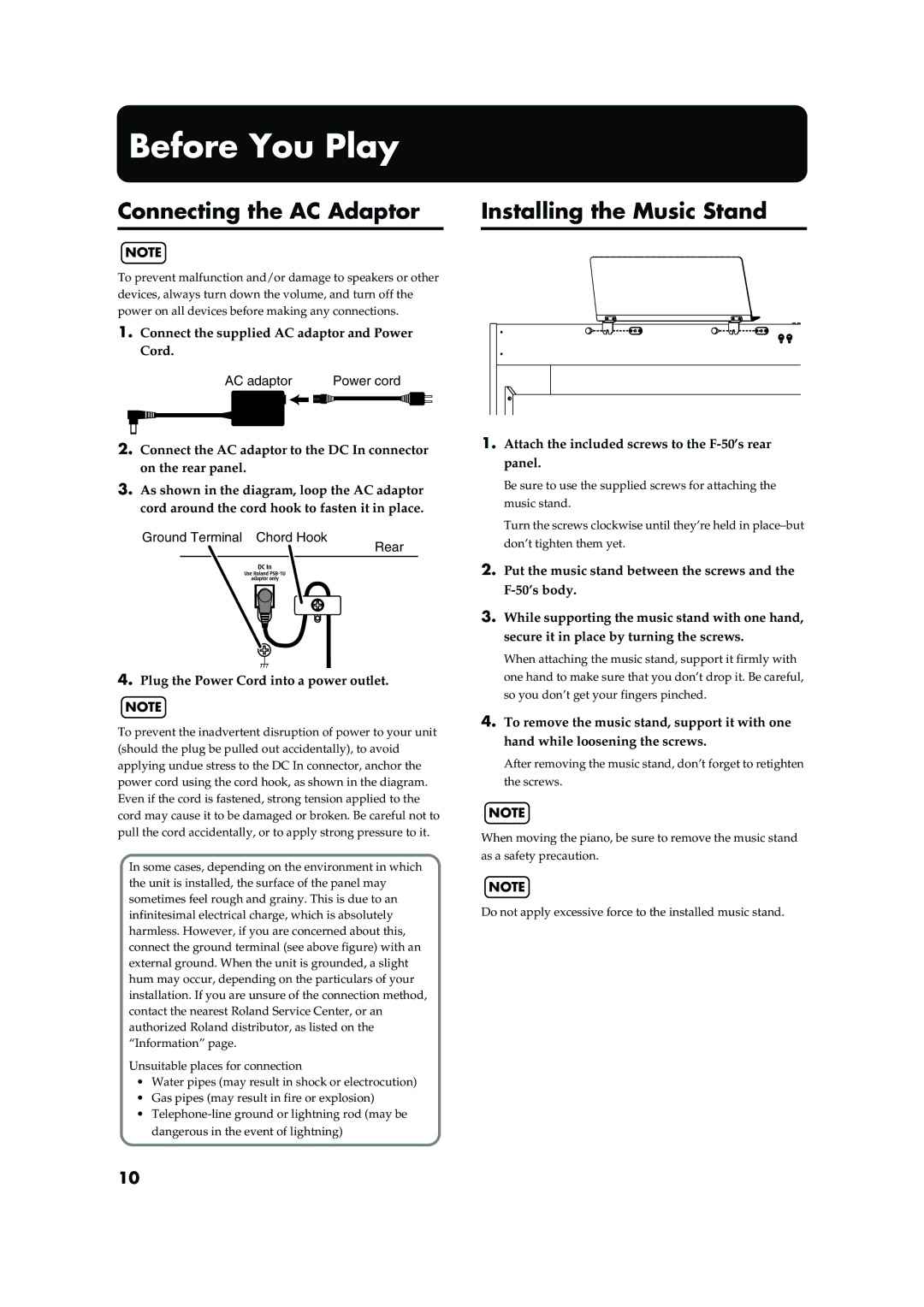 Roland F-50 owner manual Before You Play, Connecting the AC Adaptor, Installing the Music Stand 