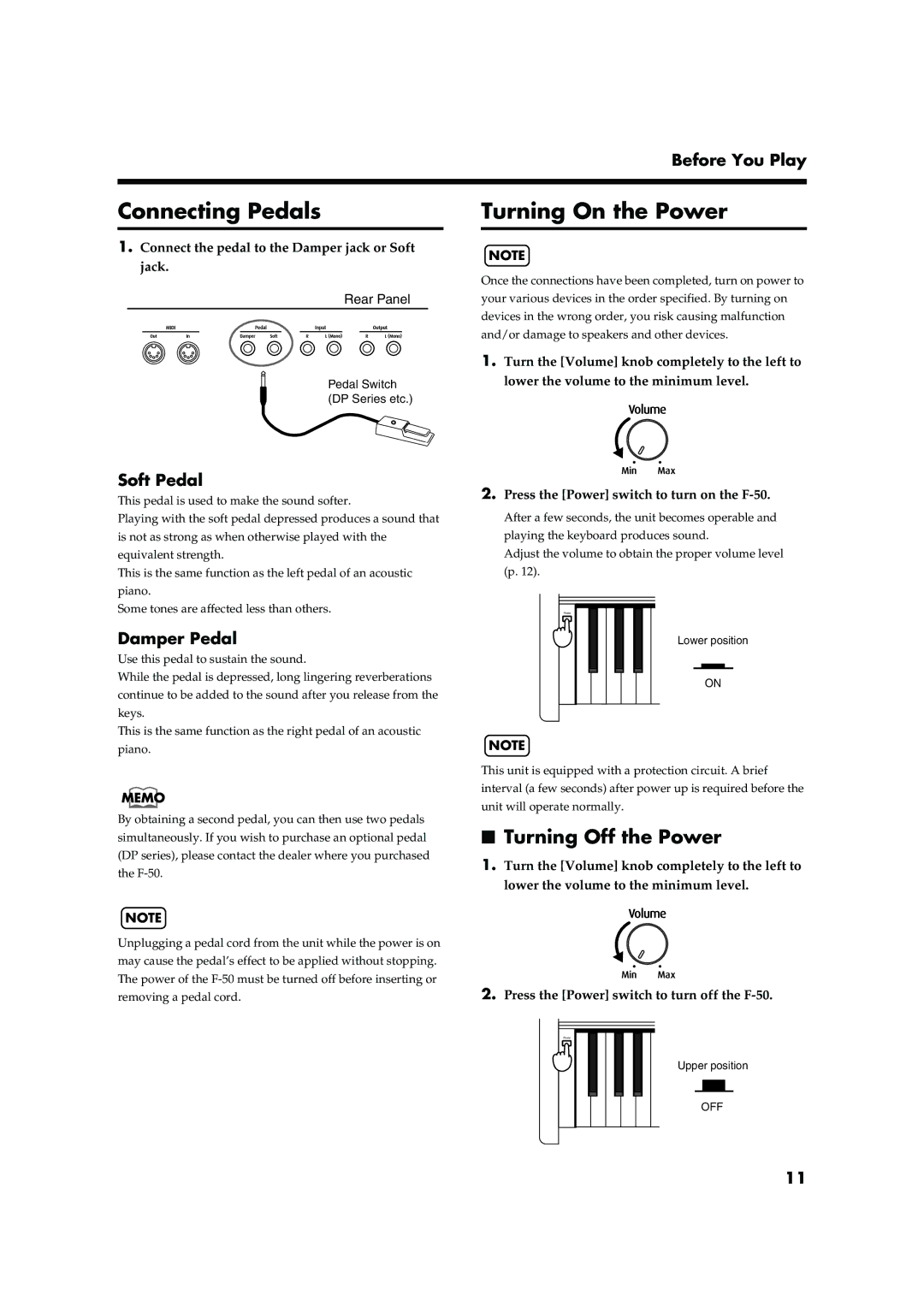 Roland F-50 owner manual Connecting Pedals, Turning On the Power, Turning Off the Power 