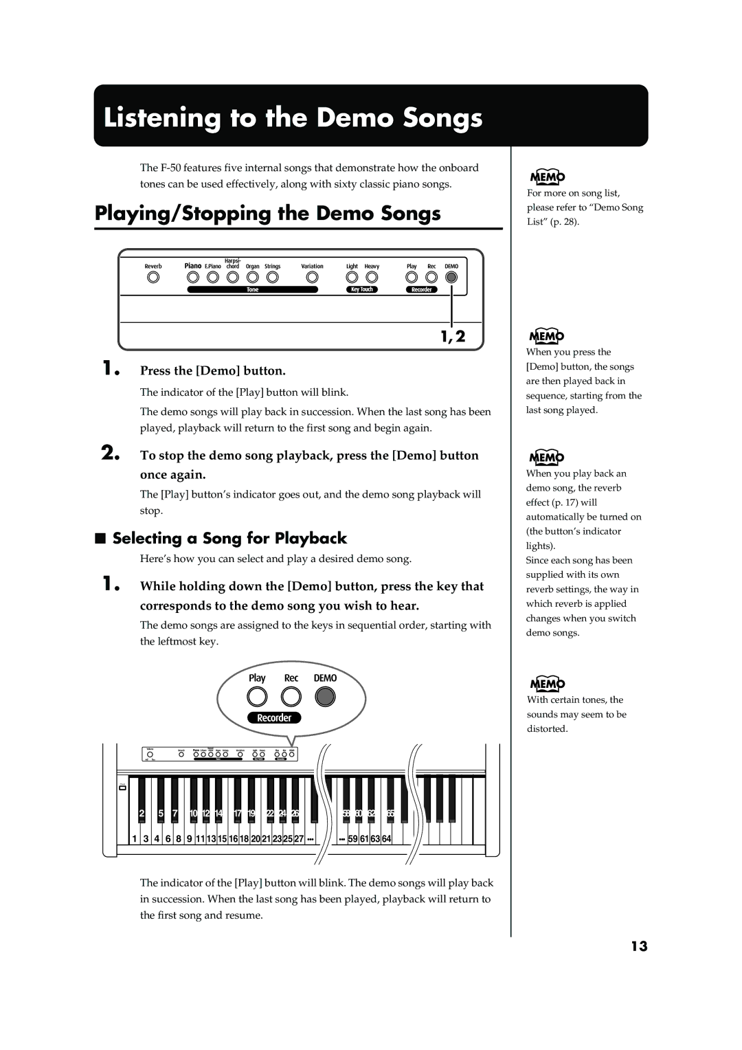 Roland F-50 owner manual Listening to the Demo Songs, Selecting a Song for Playback 