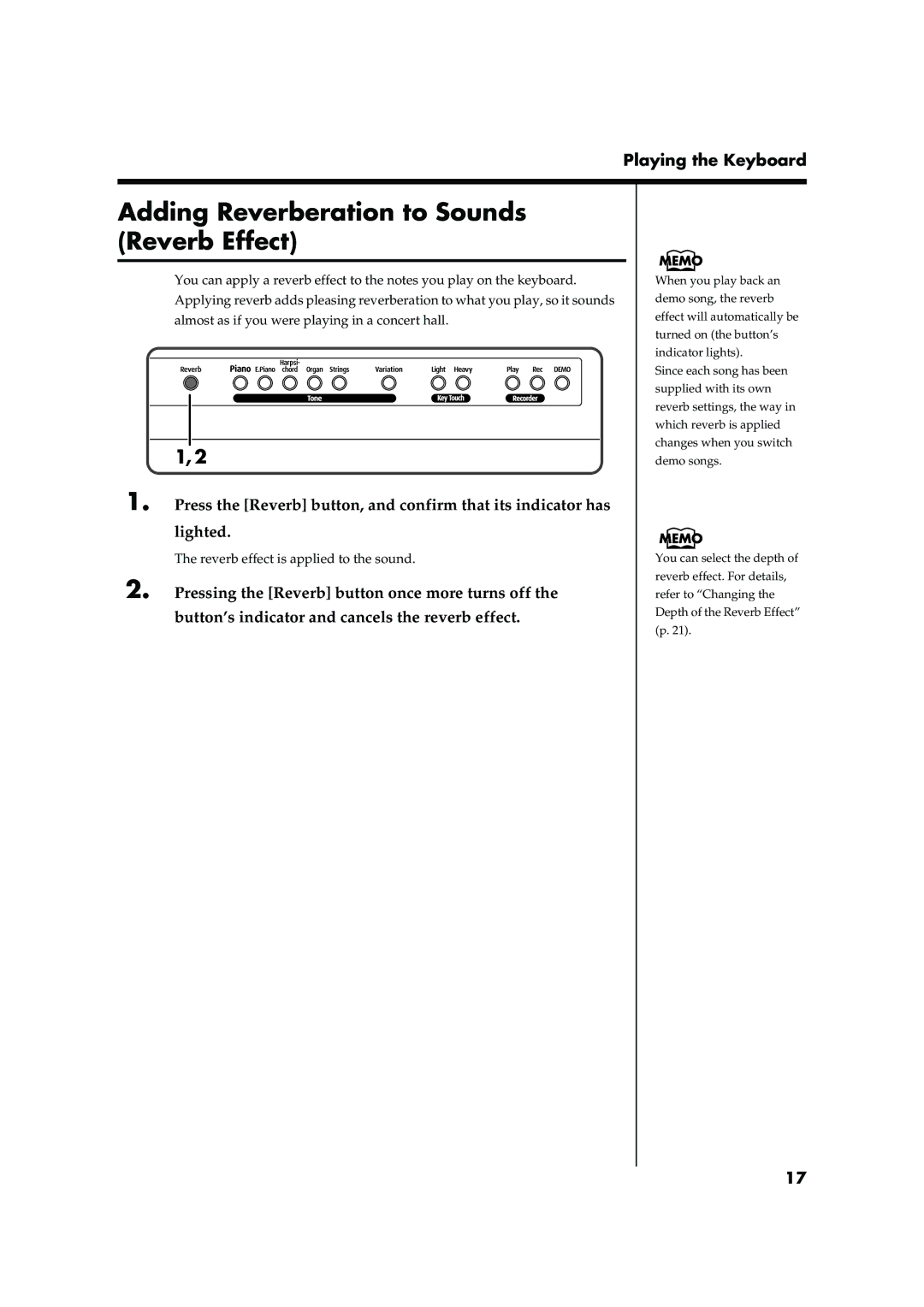 Roland F-50 owner manual Adding Reverberation to Sounds Reverb Effect 