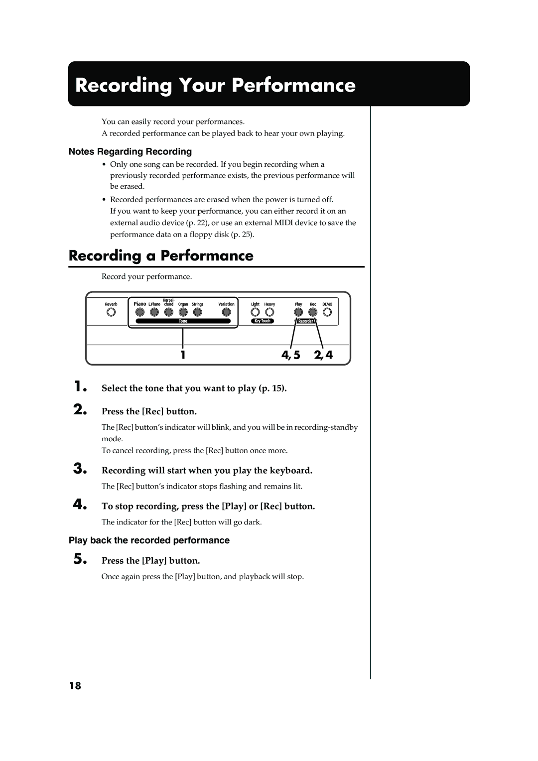 Roland F-50 owner manual Recording Your Performance, Recording a Performance 