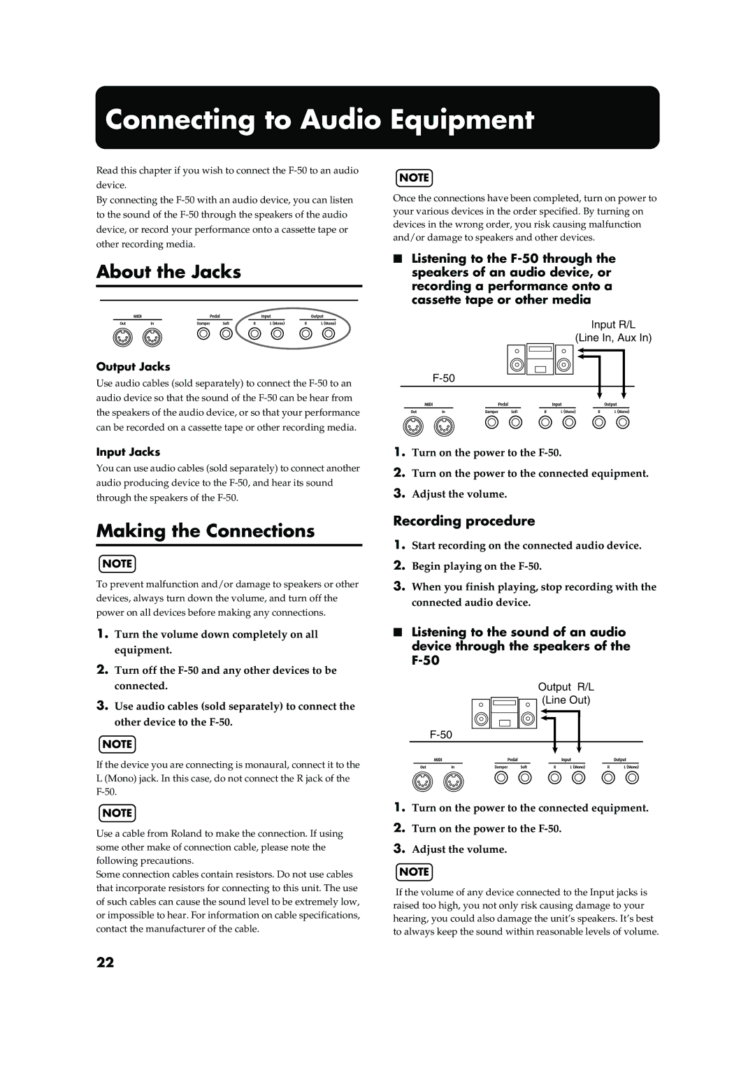Roland F-50 owner manual Connecting to Audio Equipment, About the Jacks, Making the Connections, Recording procedure 