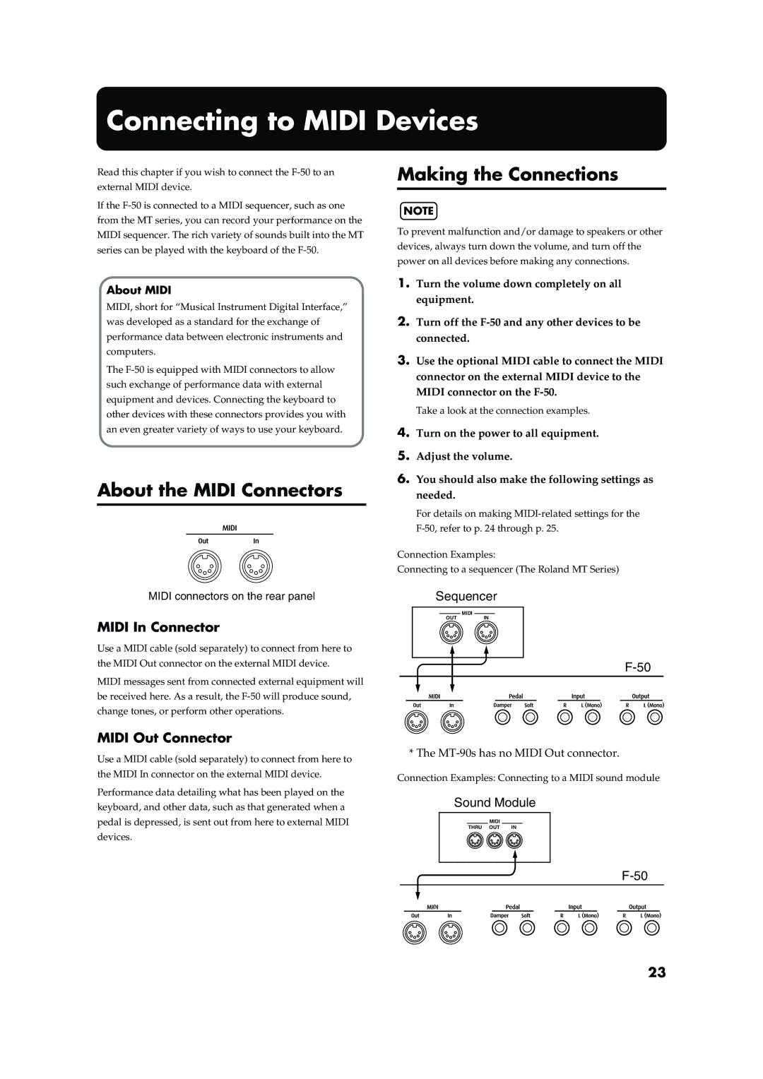 Roland F-50 owner manual Connecting to Midi Devices, About the Midi Connectors, Midi In Connector, Midi Out Connector 