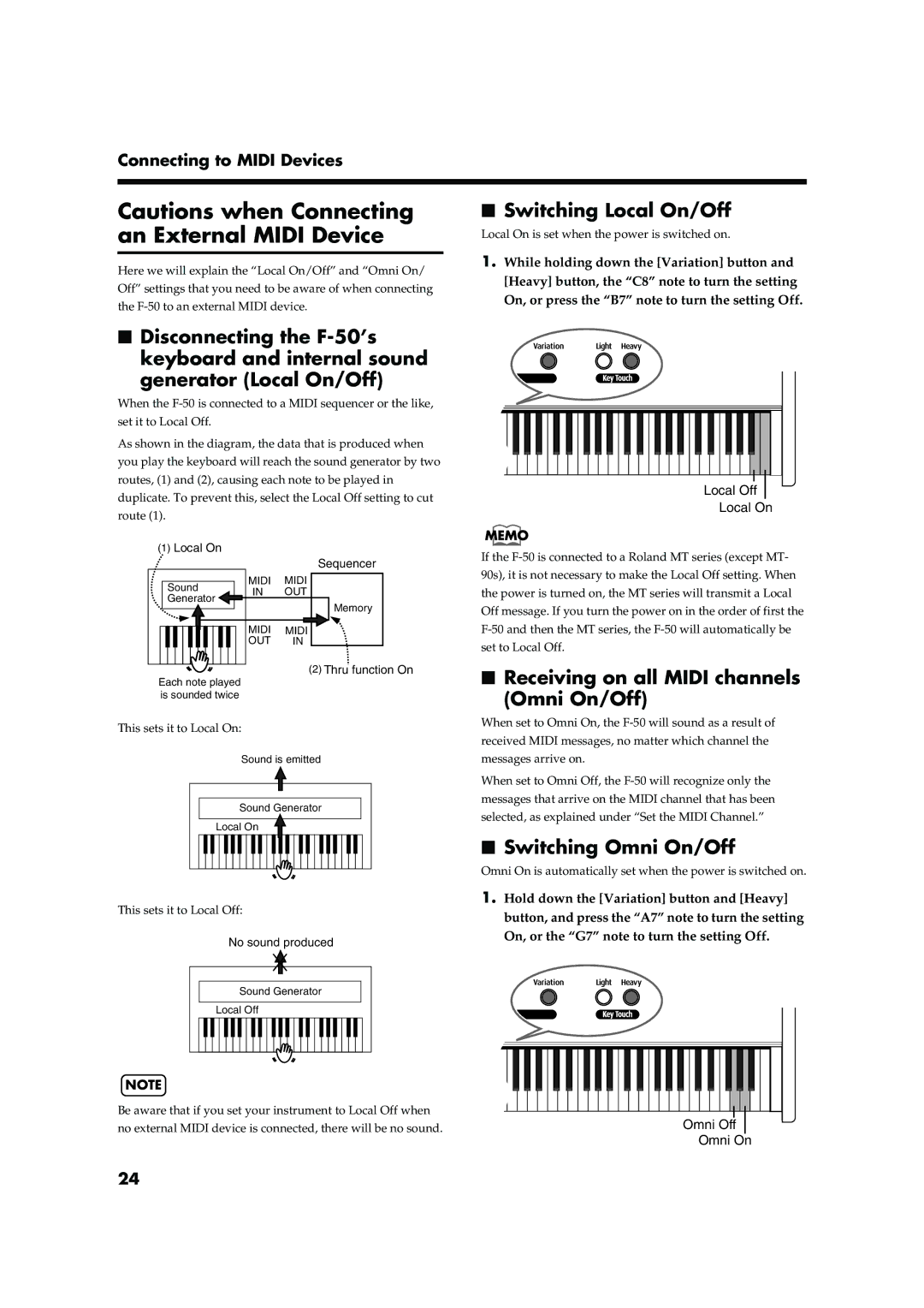 Roland F-50 owner manual Switching Local On/Off, Receiving on all Midi channels Omni On/Off, Switching Omni On/Off 