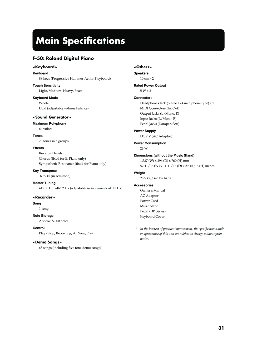 Roland F-50 owner manual Main Specifications, Roland Digital Piano 