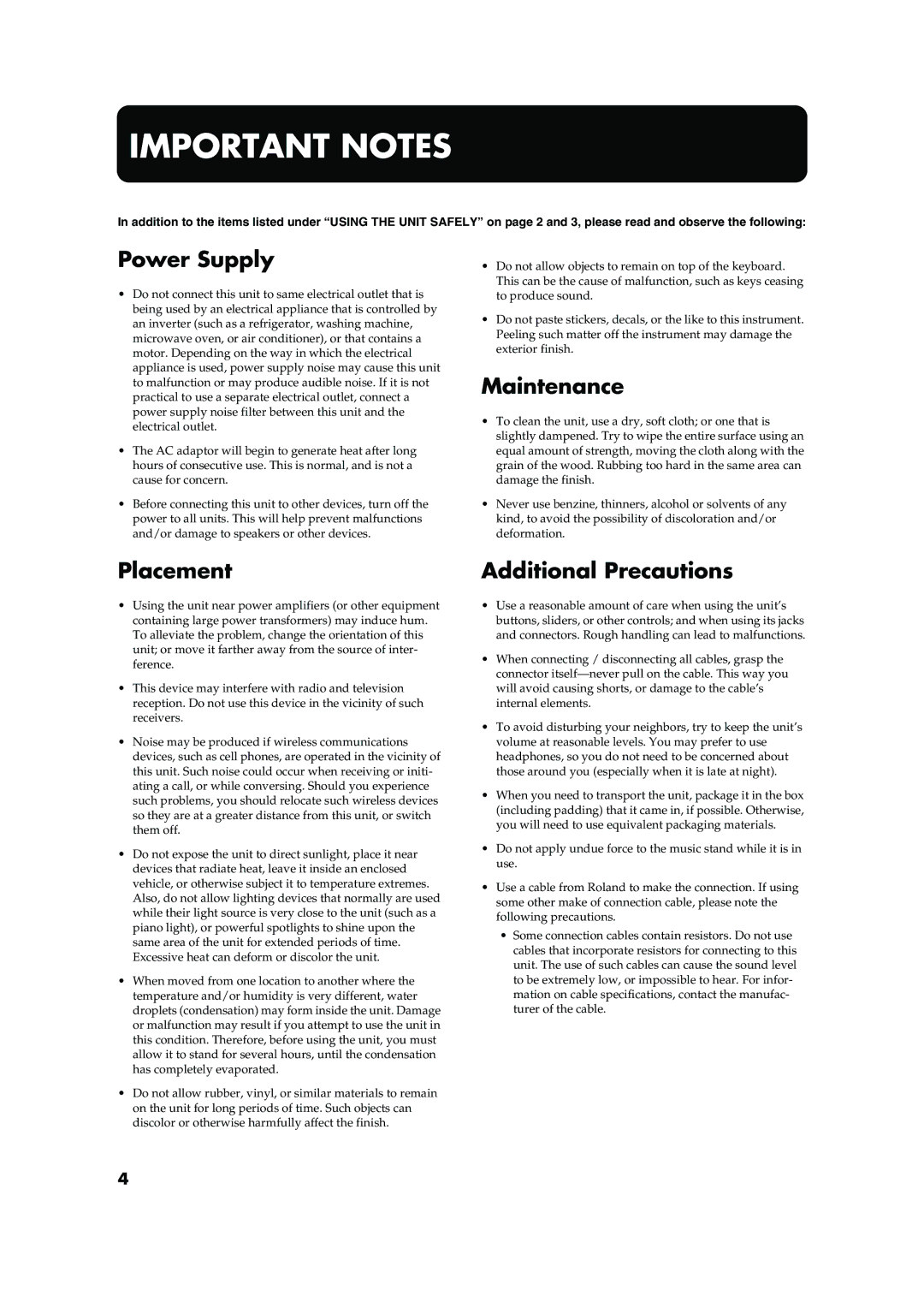 Roland F-50 owner manual Power Supply, Maintenance, Placement, Additional Precautions 