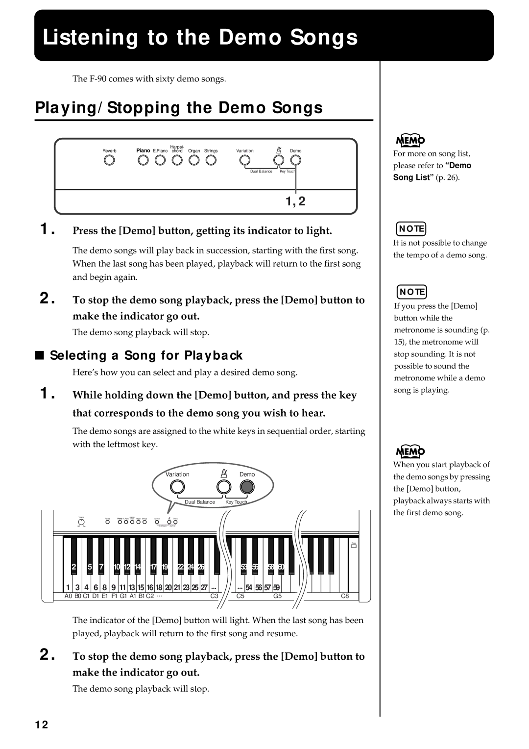 Roland F-90 owner manual Listening to the Demo Songs, Playing/Stopping the Demo Songs, Selecting a Song for Playback 