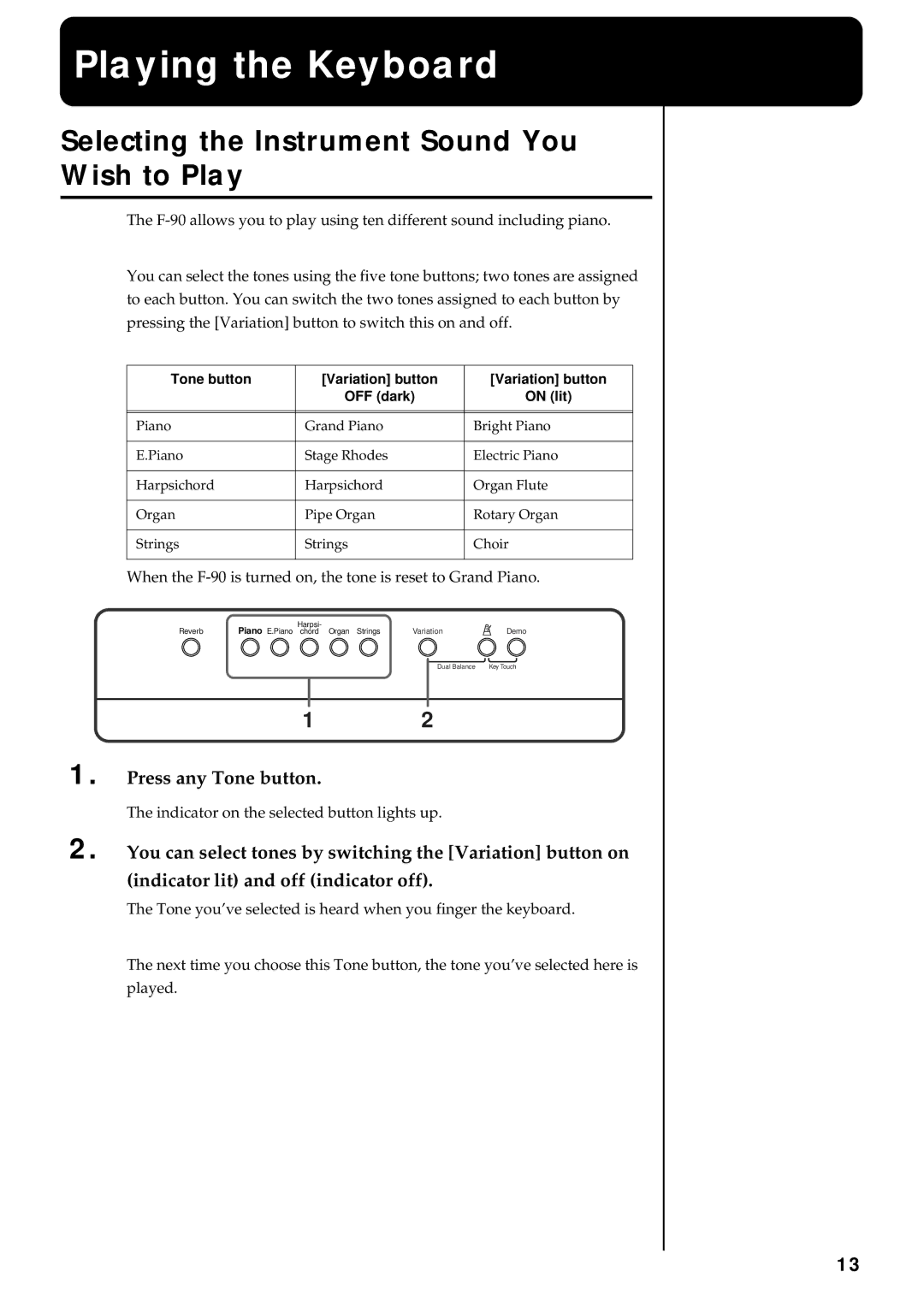 Roland F-90 owner manual Playing the Keyboard, Selecting the Instrument Sound You Wish to Play 