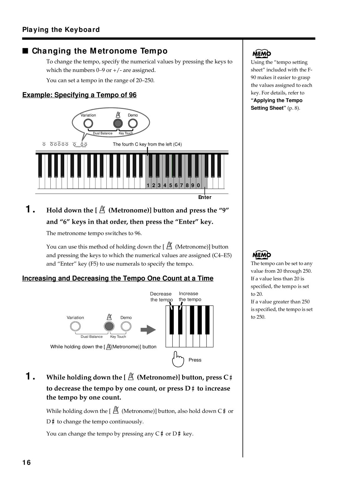 Roland F-90 owner manual Changing the Metronome Tempo, Example Specifying a Tempo 