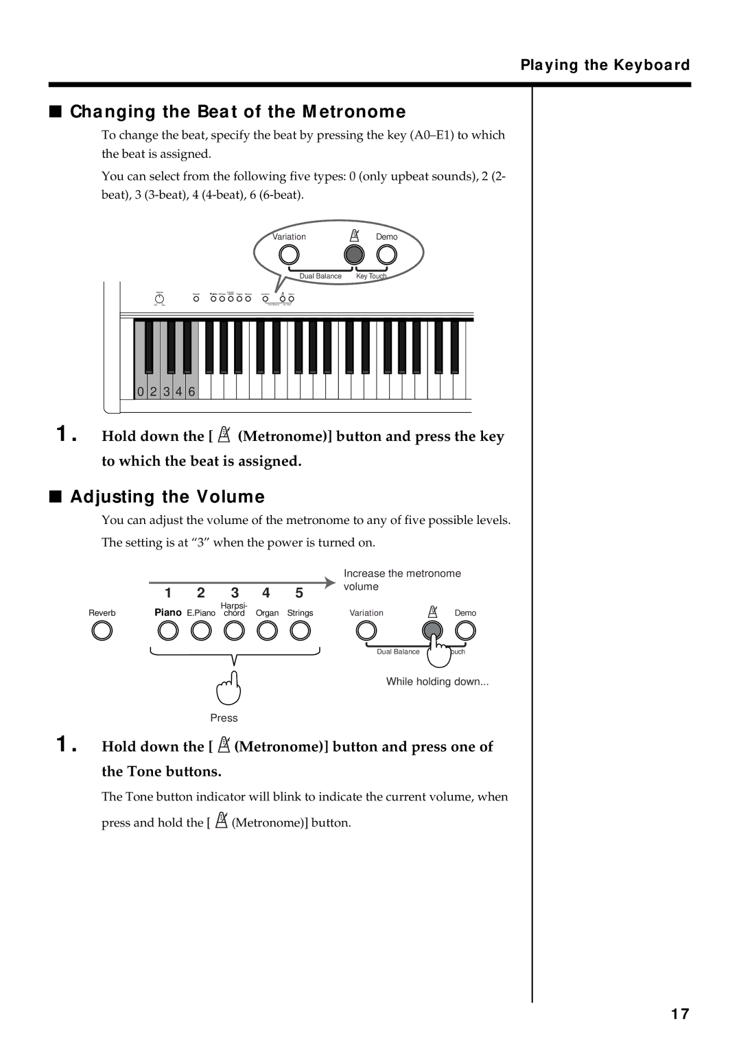 Roland F-90 owner manual Changing the Beat of the Metronome, Adjusting the Volume 