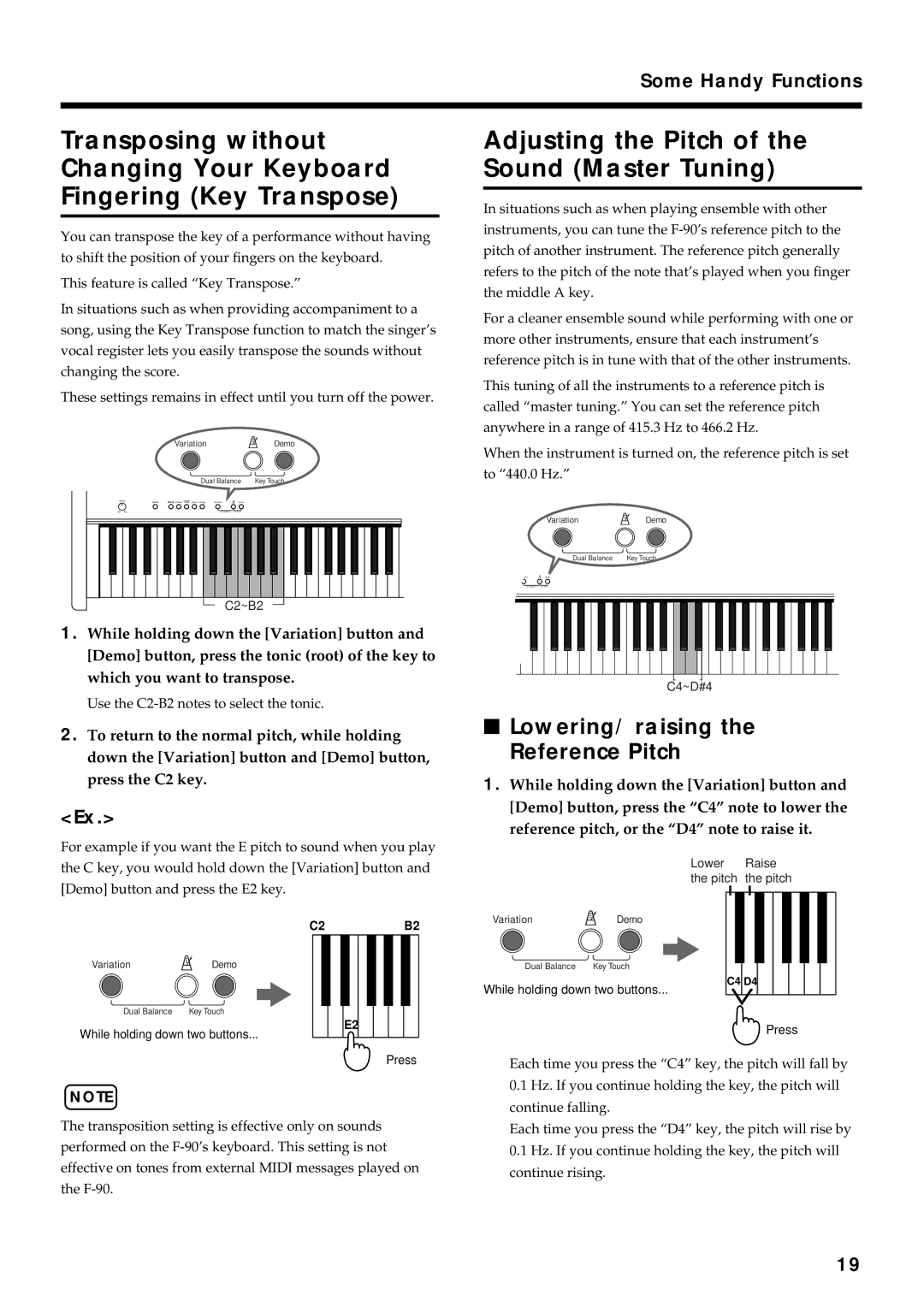 Roland F-90 Adjusting the Pitch of the Sound Master Tuning, Lowering/ raising the Reference Pitch, Some Handy Functions 