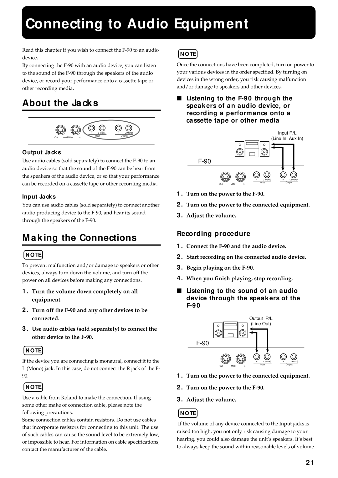 Roland F-90 owner manual Connecting to Audio Equipment, About the Jacks, Making the Connections, Recording procedure 