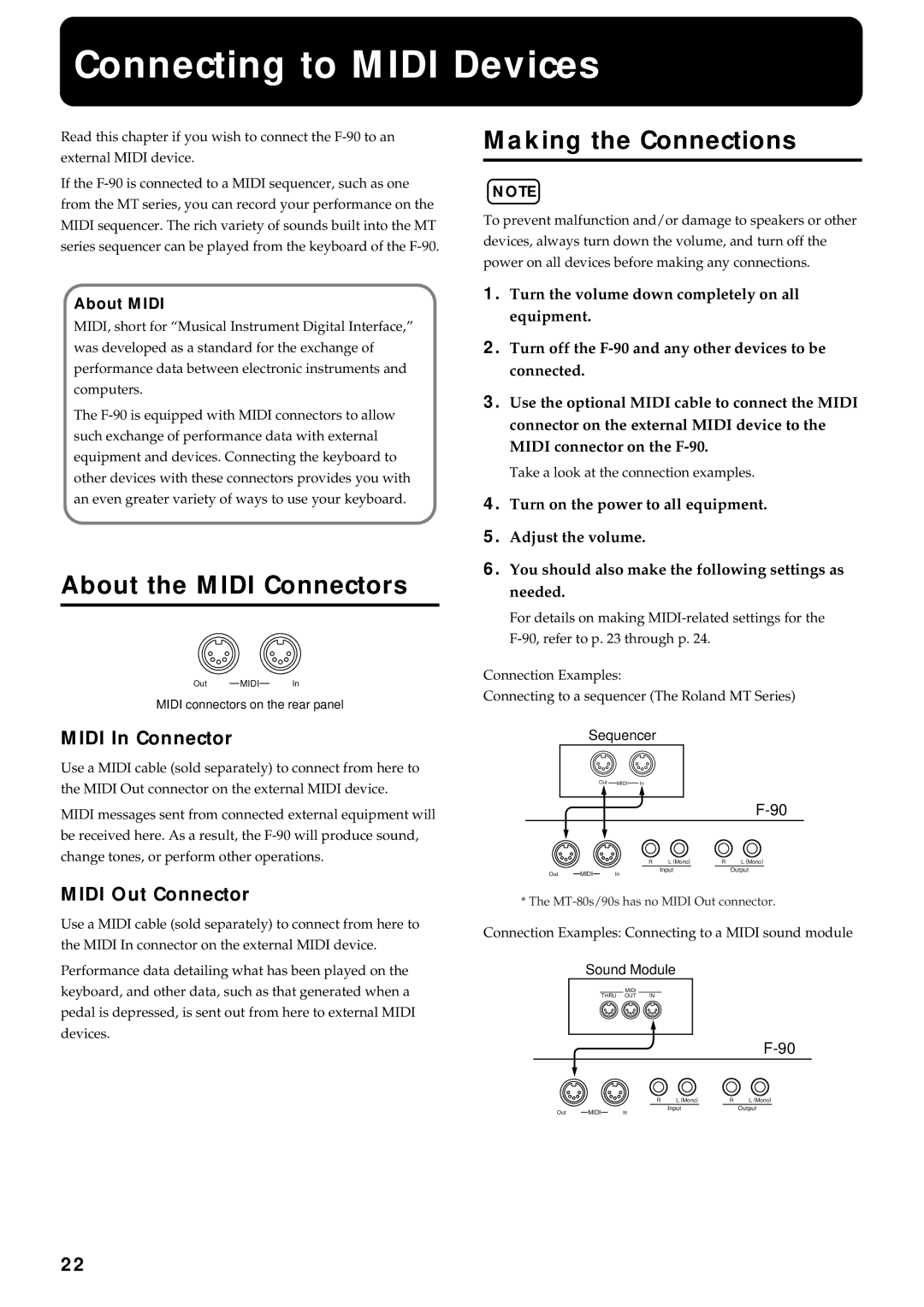 Roland F-90 Connecting to Midi Devices, About the Midi Connectors, Midi In Connector, Midi Out Connector, About Midi 