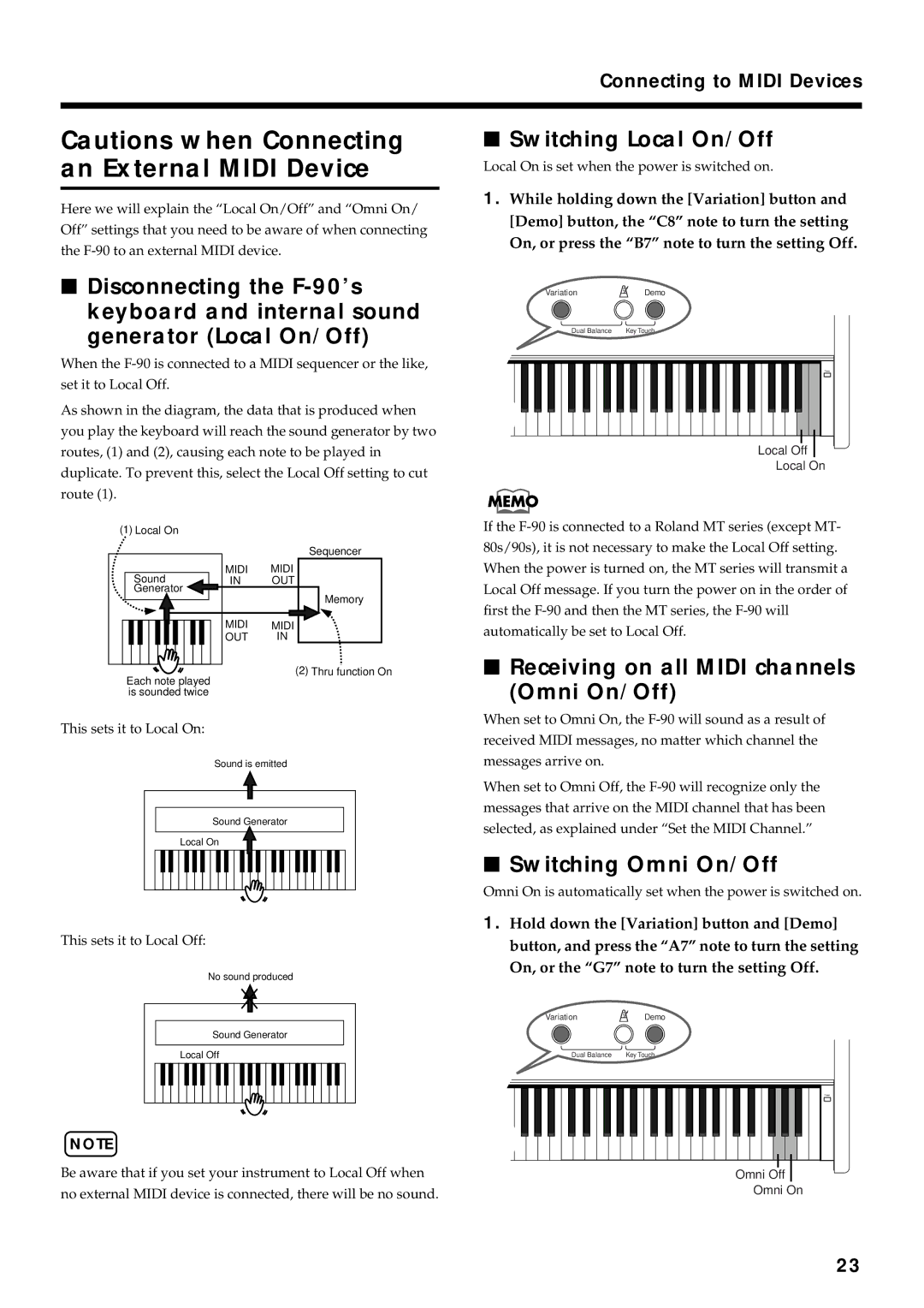 Roland F-90 owner manual Switching Local On/Off, Receiving on all Midi channels Omni On/Off, Switching Omni On/Off 