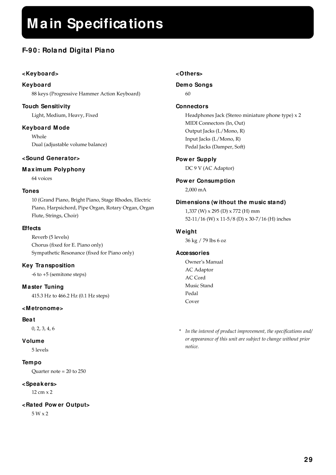 Roland F-90 owner manual Main Specifications, Roland Digital Piano 