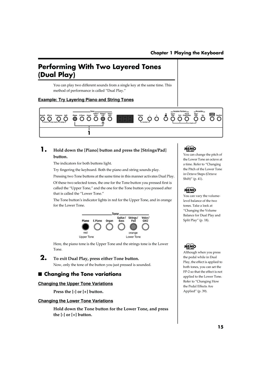 Roland FP-2 owner manual Performing With Two Layered Tones Dual Play, Changing the Tone variations, Press the or + button 