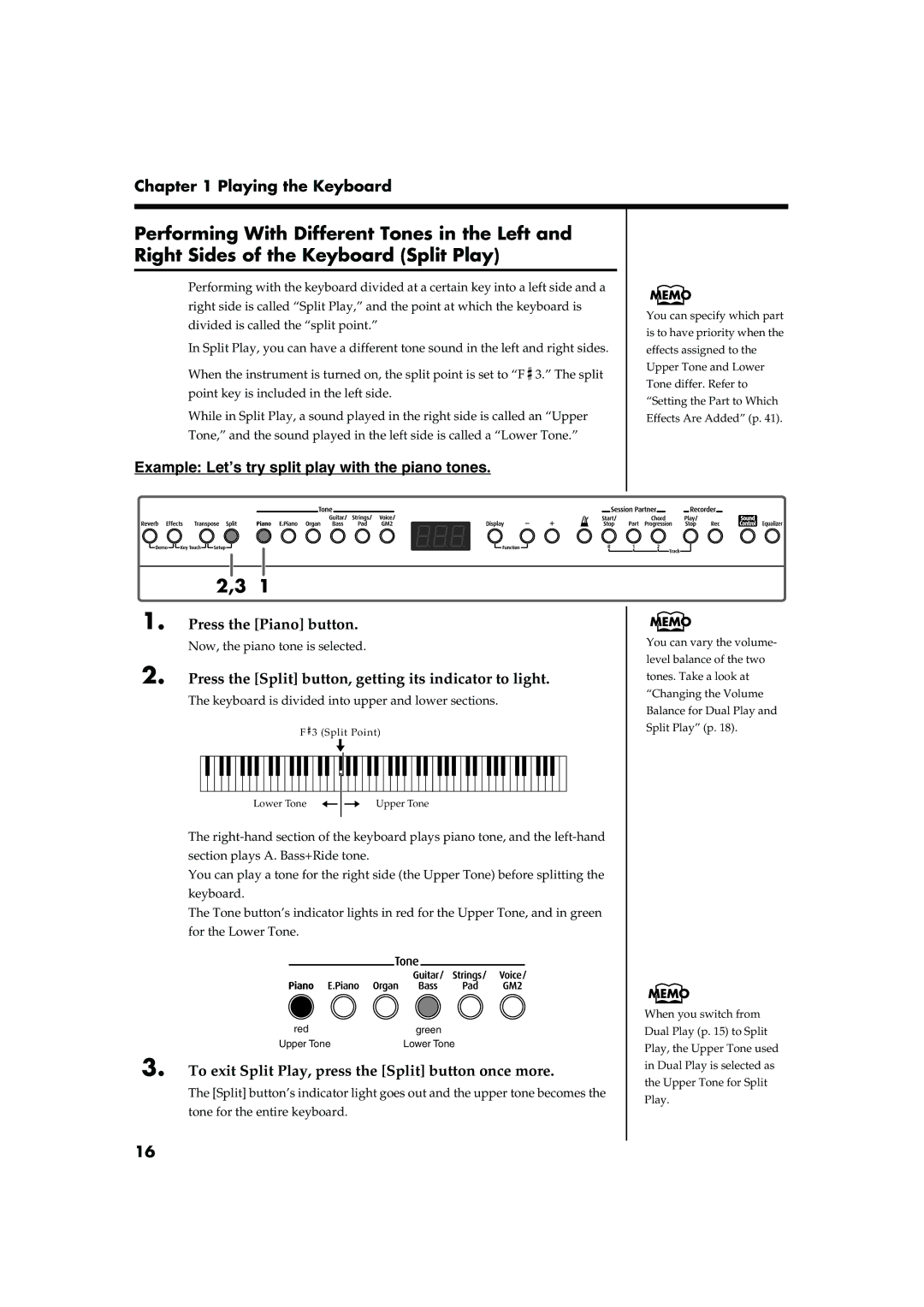 Roland FP-2 owner manual Press the Piano button, Press the Split button, getting its indicator to light 