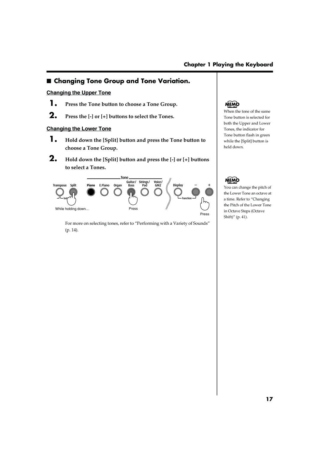 Roland FP-2 owner manual Changing Tone Group and Tone Variation, Changing the Lower Tone 