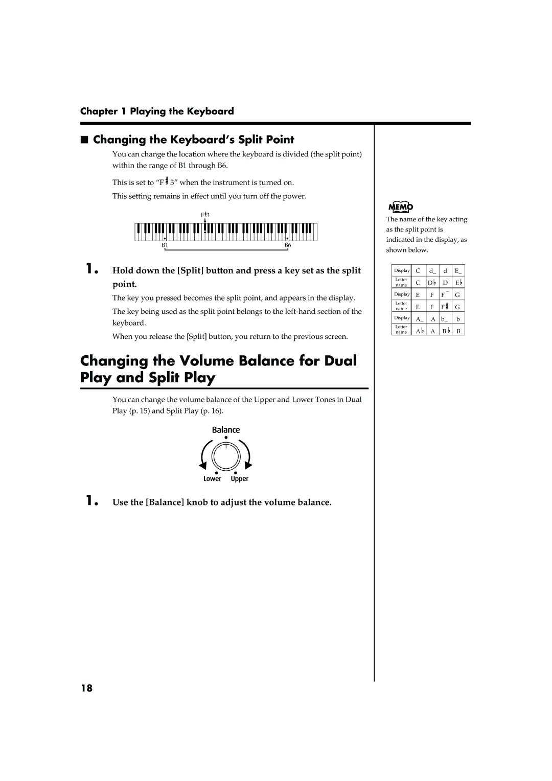 Roland FP-2 owner manual Changing the Volume Balance for Dual Play and Split Play, Changing the Keyboard’s Split Point 