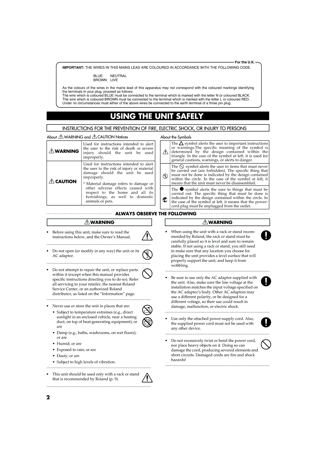 Roland FP-2 owner manual Do not open or modify in any way the unit or its AC adaptor 