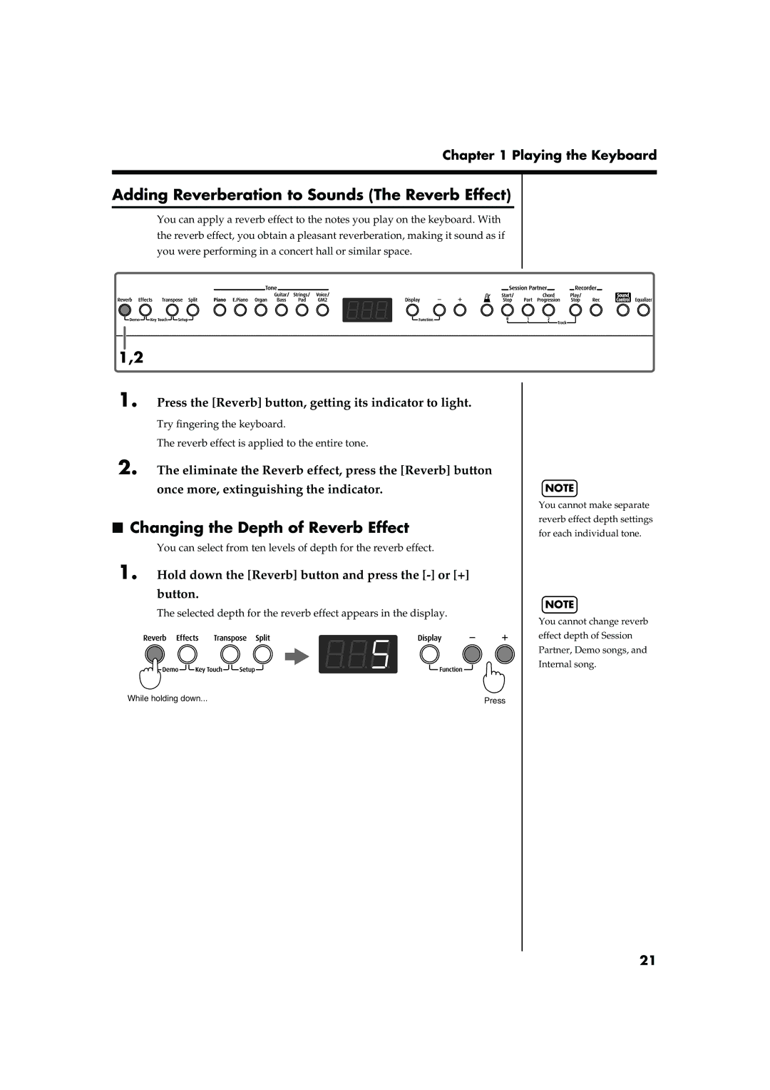 Roland FP-2 owner manual Adding Reverberation to Sounds The Reverb Effect, Changing the Depth of Reverb Effect 