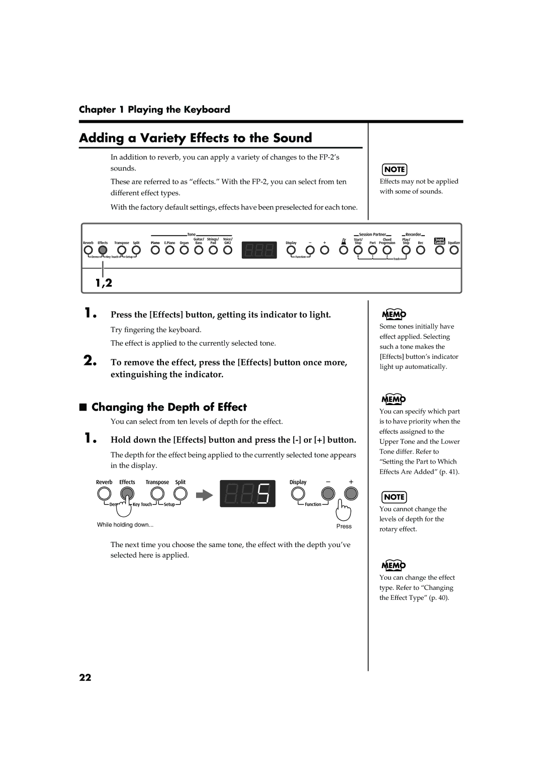 Roland FP-2 owner manual Adding a Variety Effects to the Sound, Changing the Depth of Effect 